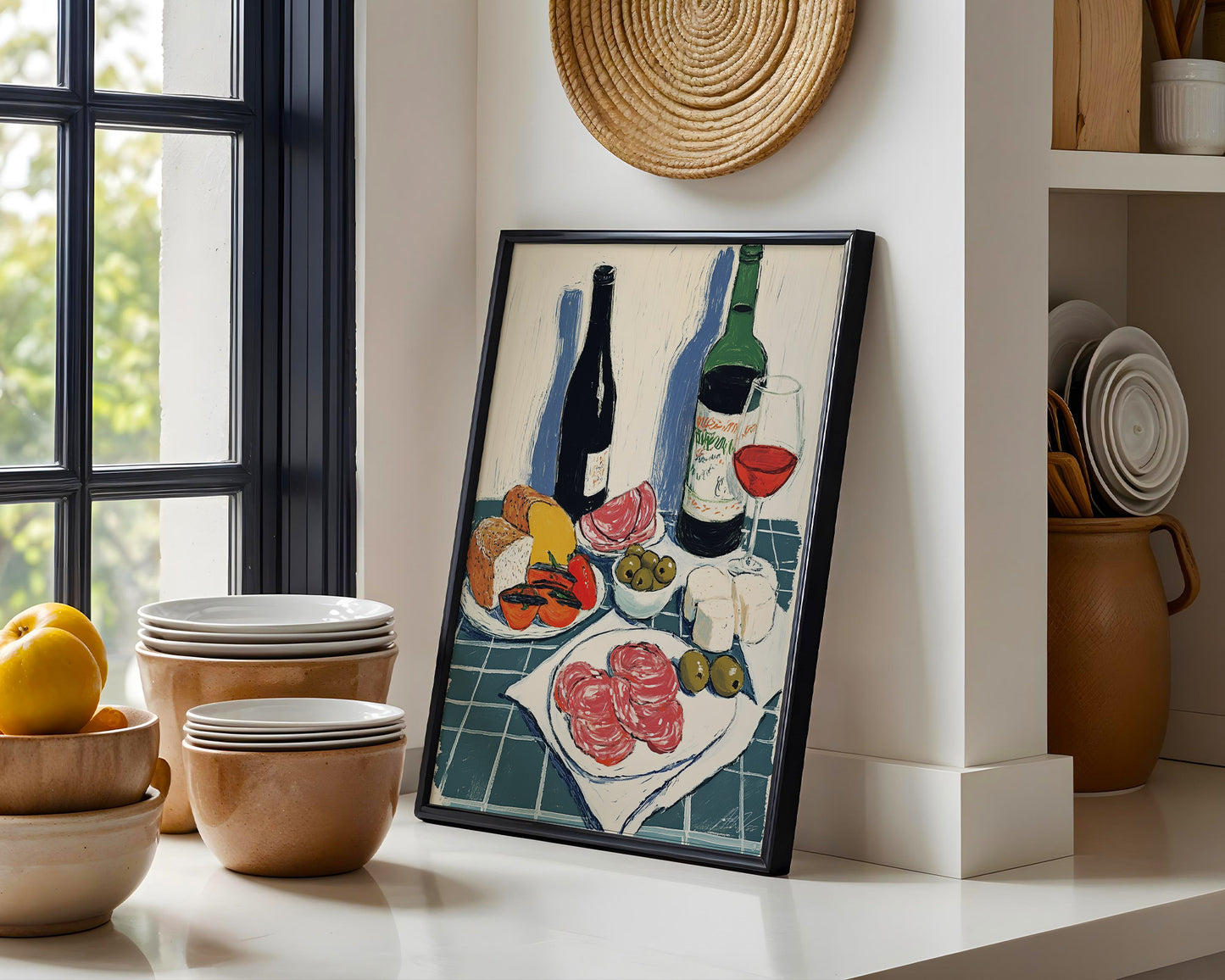 Antipasti Art Print – Italian Wine, Cheese, Olives, Kitchen Illustration