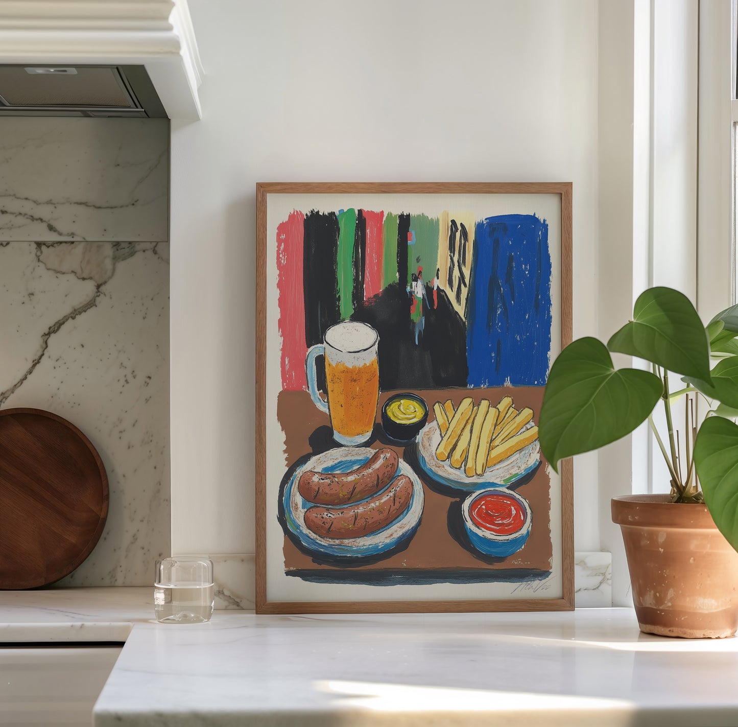 Bratwurst and Beer Art Print – Colorful Food Illustration for Kitchen or Bar