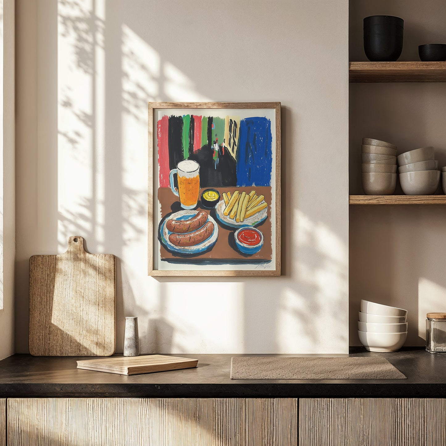 Bratwurst and Beer Art Print – Colorful Food Illustration for Kitchen or Bar
