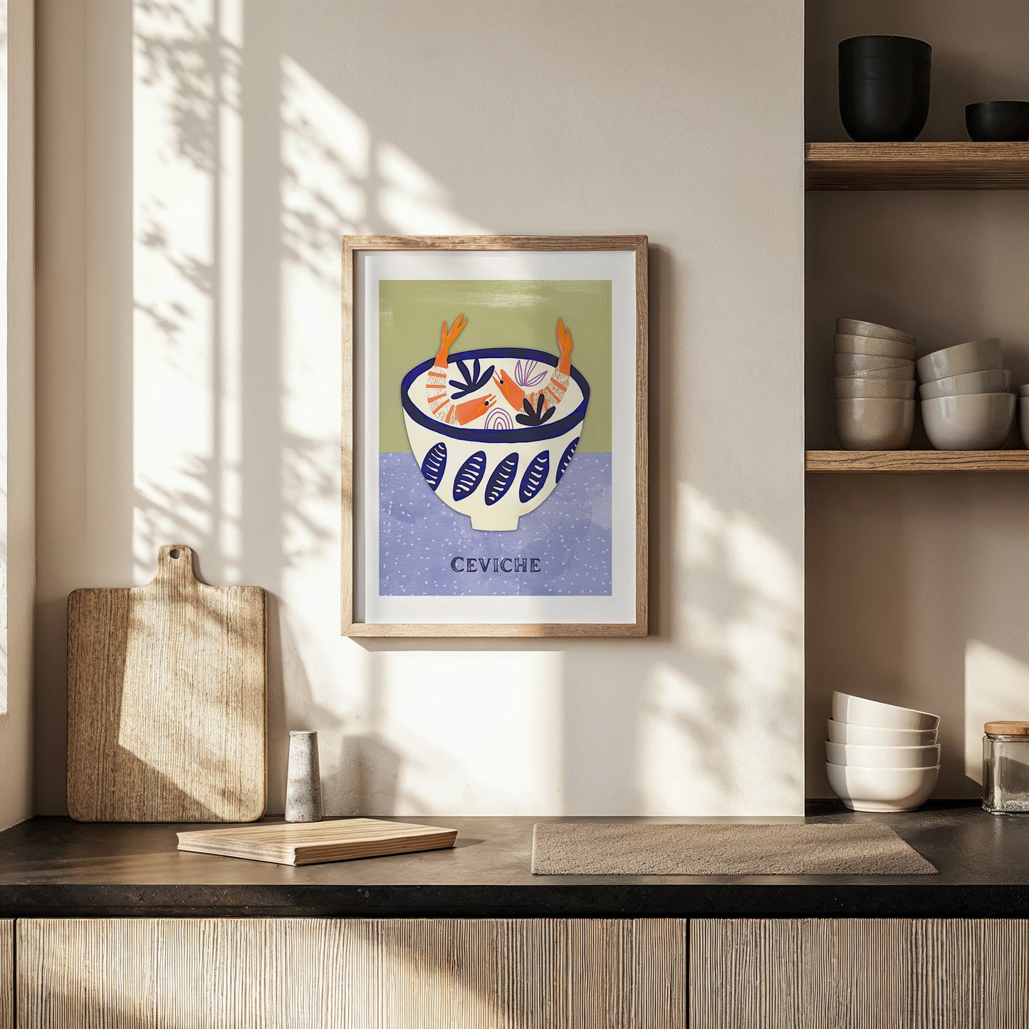 Ceviche – Modern Seafood Bowl Print in Indigo and Citrus Tones