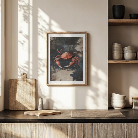Crab Study – Painterly Coastal Wall Art in Rustic Blue and Umber