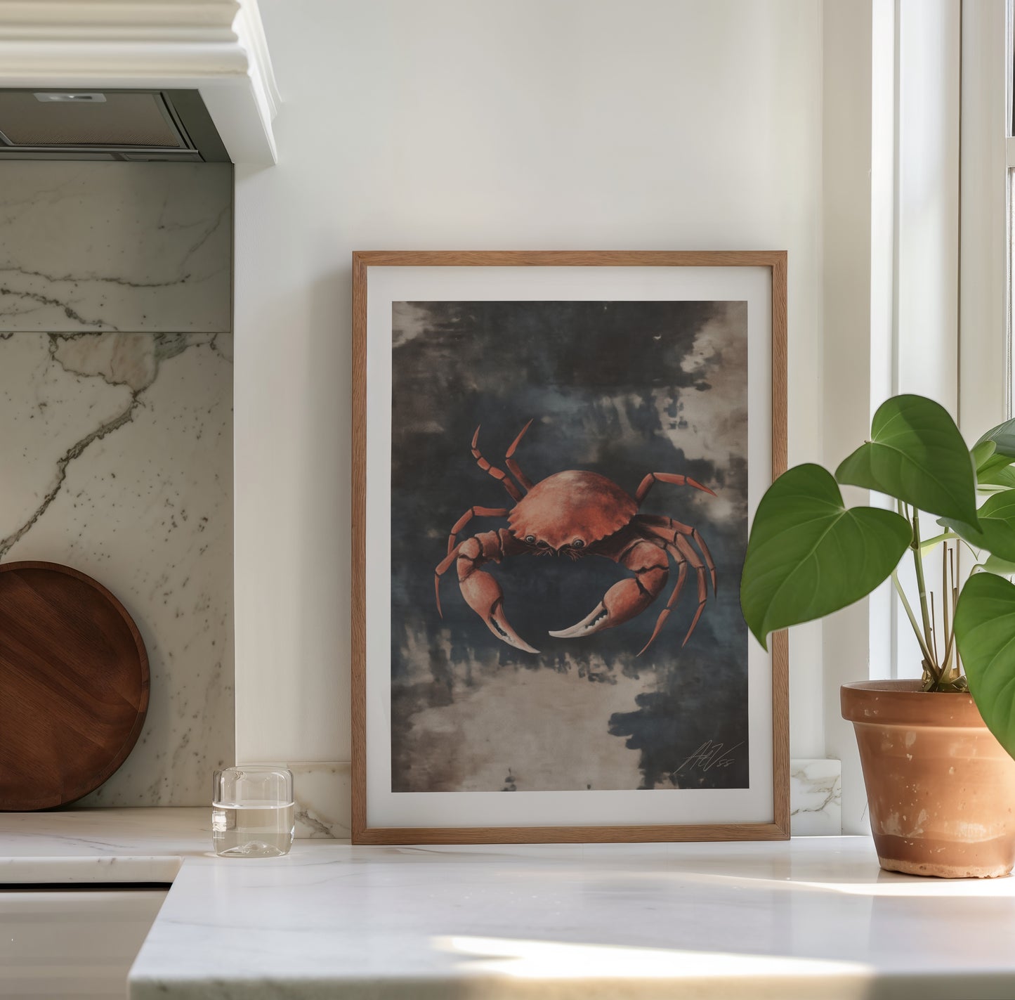 Crab Study – Painterly Coastal Wall Art in Rustic Blue and Umber