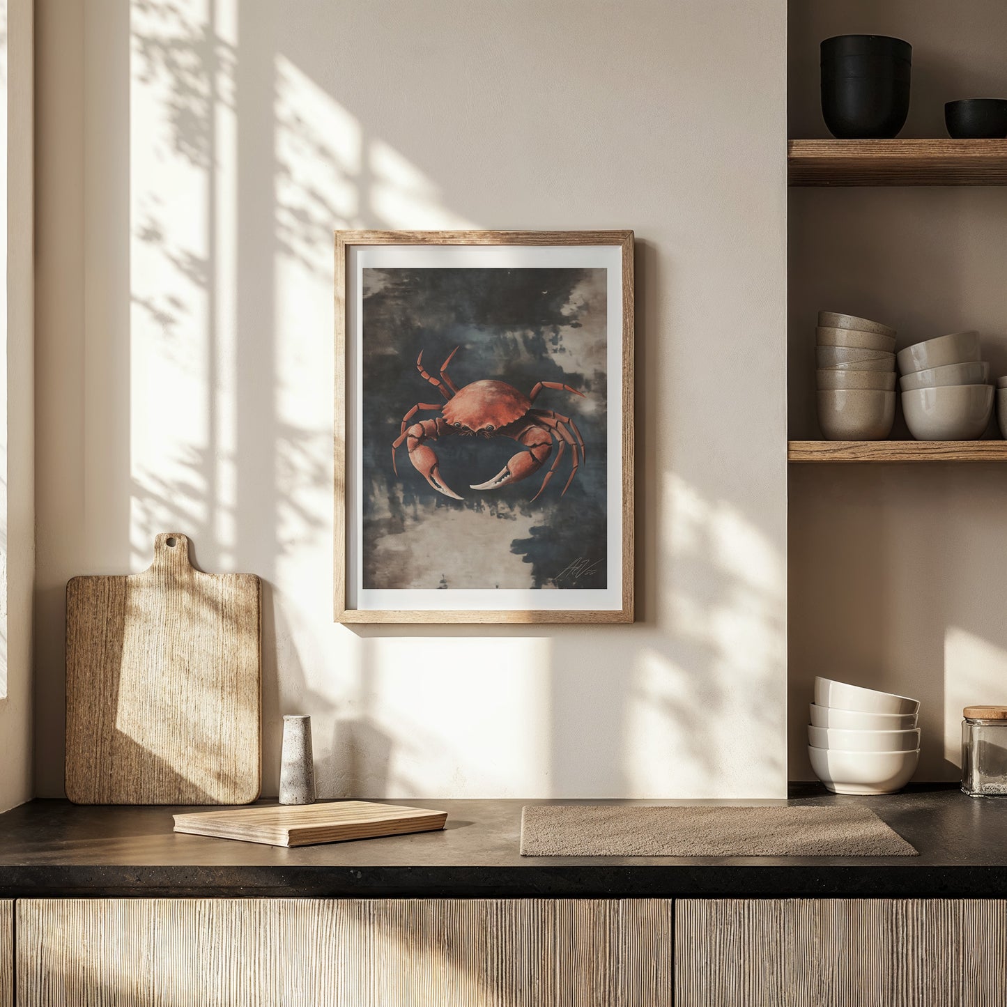 Crab Study – Painterly Coastal Wall Art in Rustic Blue and Umber