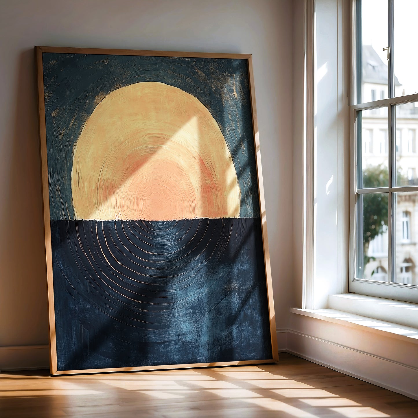 Eclipse – Bold Abstract Sun and Sea Print in Navy and Ochre