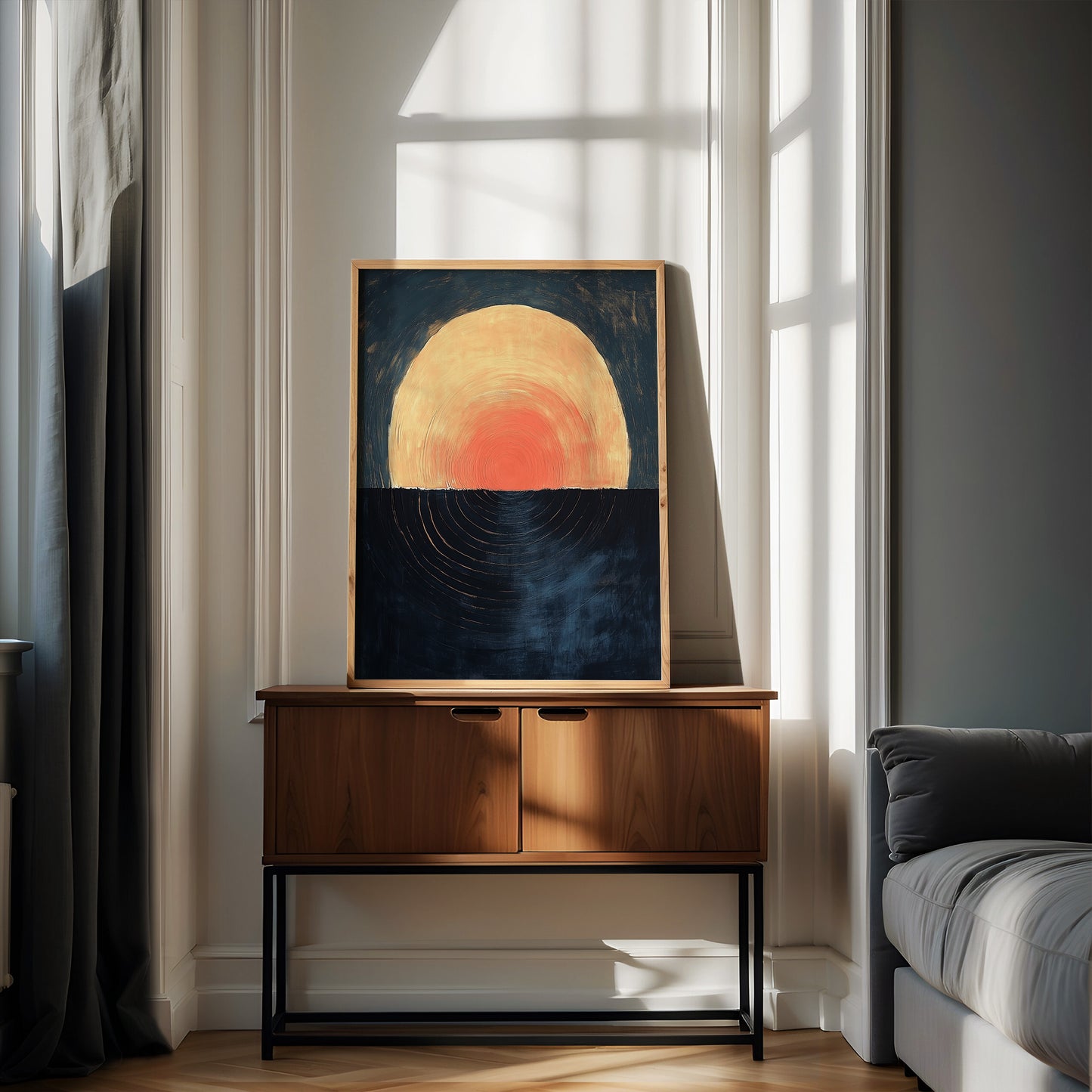 Eclipse – Bold Abstract Sun and Sea Print in Navy and Ochre