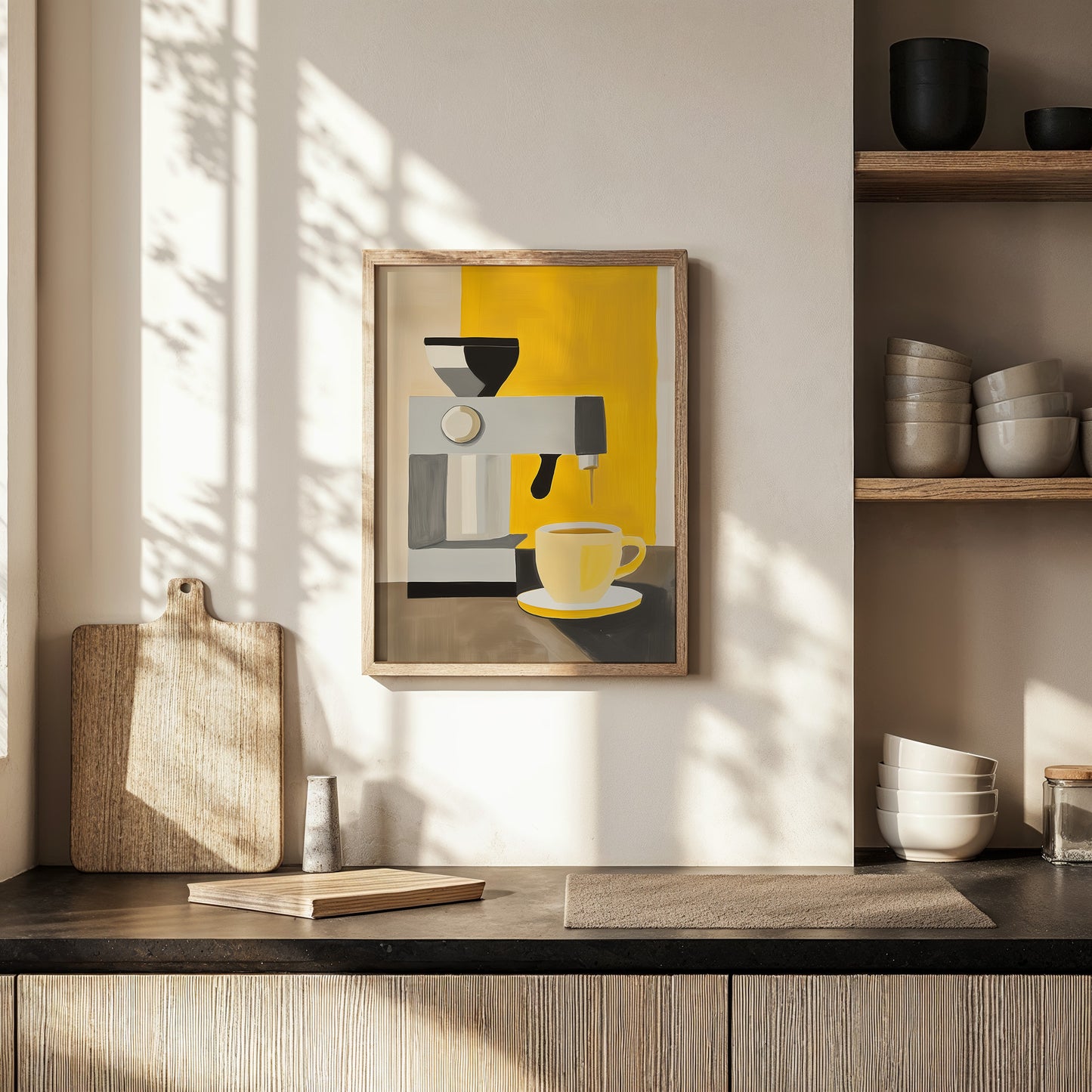 Daily Grind – Modern Espresso Machine Wall Art in Yellow and Gray