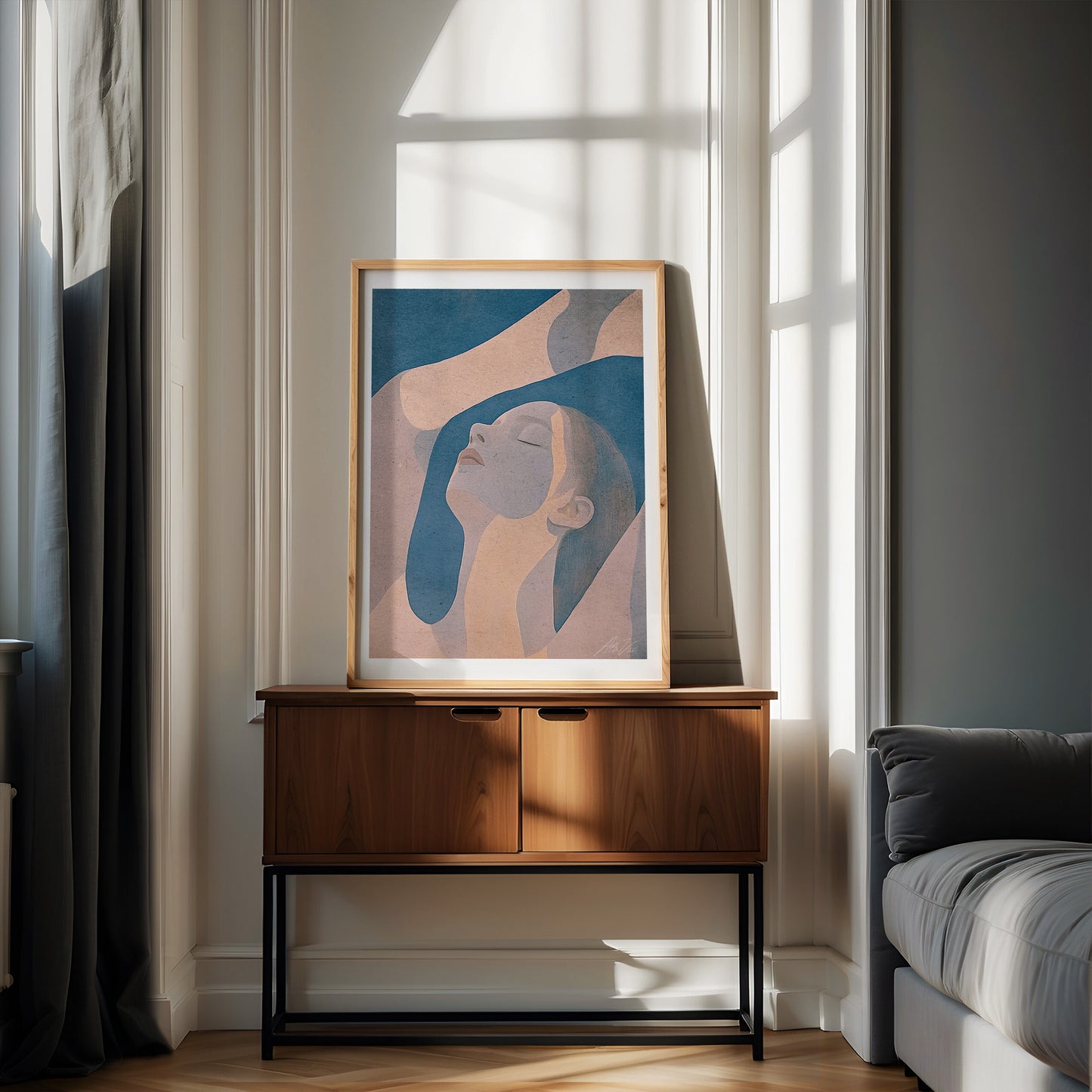 Fade to Blue – Abstract Minimalist Portrait in Dusty Blue and Blush