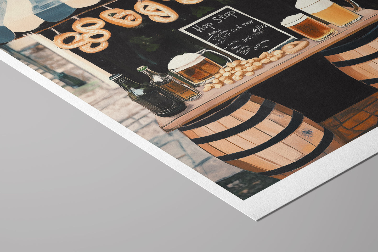 Hop Stop Beer & Pretzel Stand Print – Rustic European Market Wall Art for Bar or Kitchen