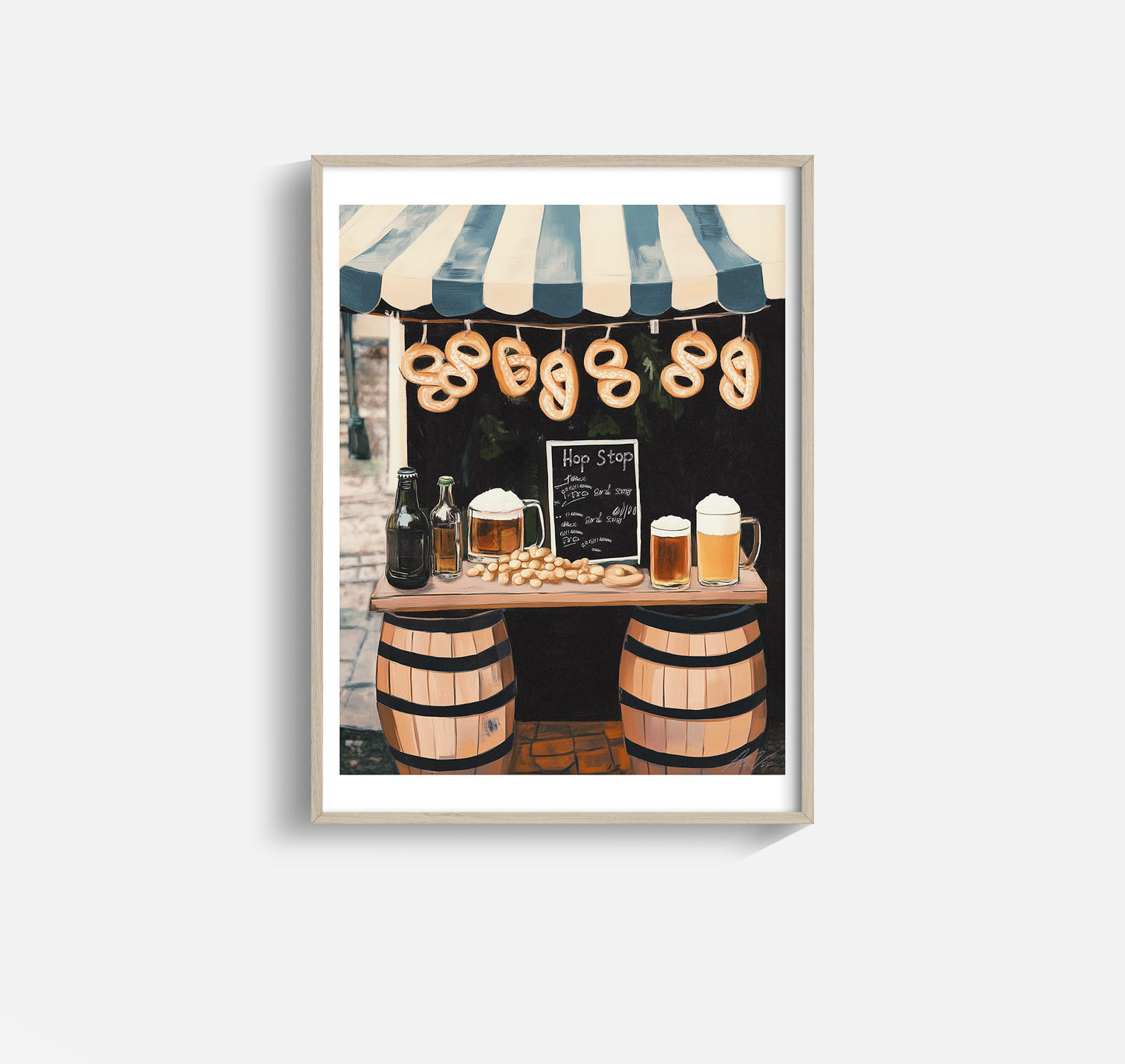 Hop Stop Beer & Pretzel Stand Print – Rustic European Market Wall Art for Bar or Kitchen