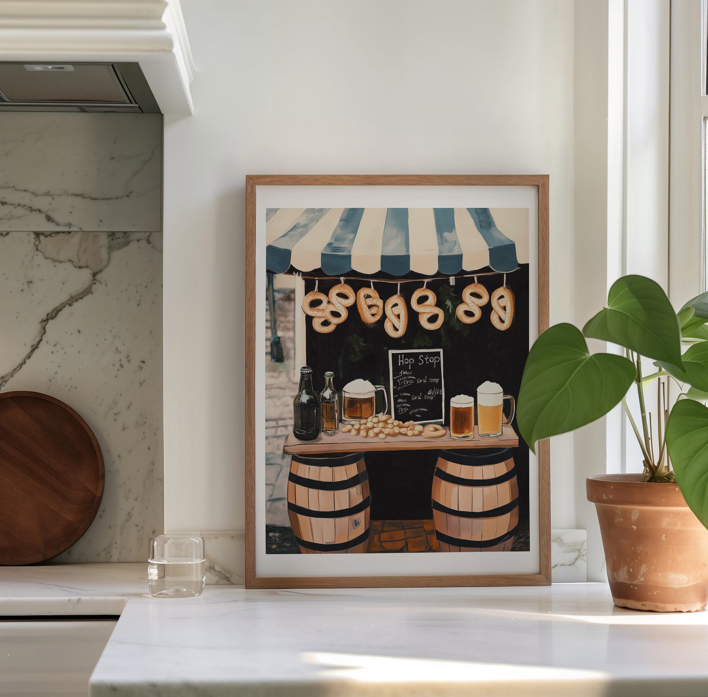 Hop Stop Beer & Pretzel Stand Print – Rustic European Market Wall Art for Bar or Kitchen