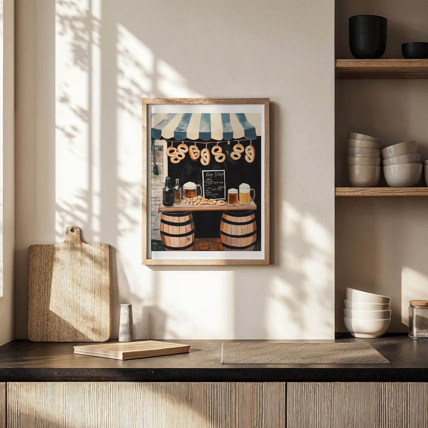 Hop Stop Beer & Pretzel Stand Print – Rustic European Market Wall Art for Bar or Kitchen