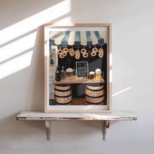 Hop Stop Beer & Pretzel Stand Print – Rustic European Market Wall Art for Bar or Kitchen