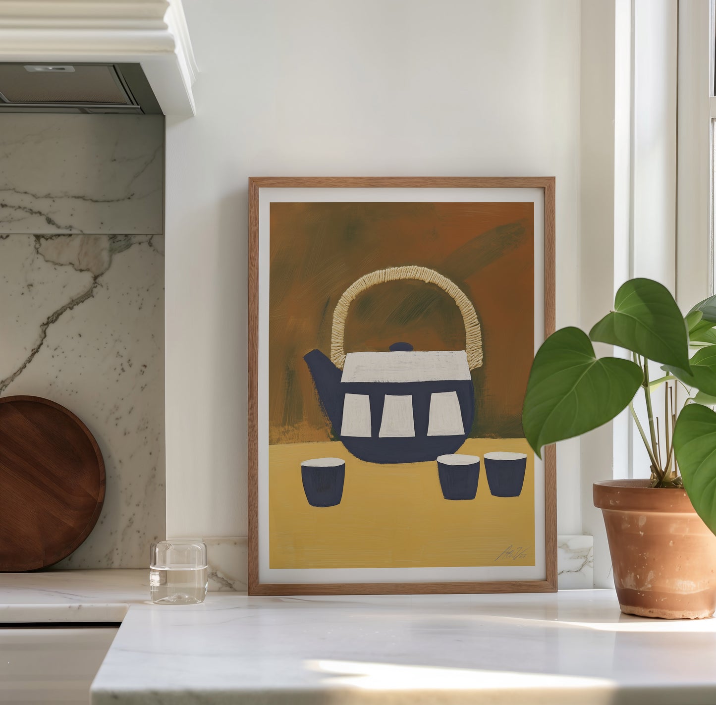 Japanese Tea Set Art Print – Minimalist Teapot and Cups in Earth Tones