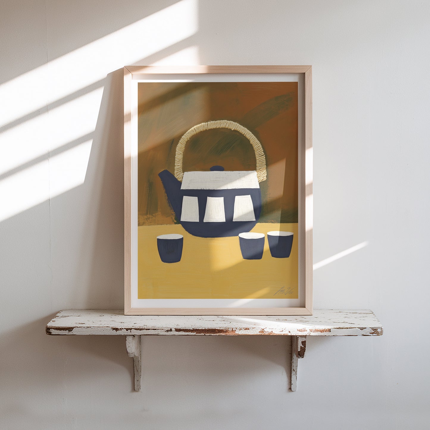 Japanese Tea Set Art Print – Minimalist Teapot and Cups in Earth Tones