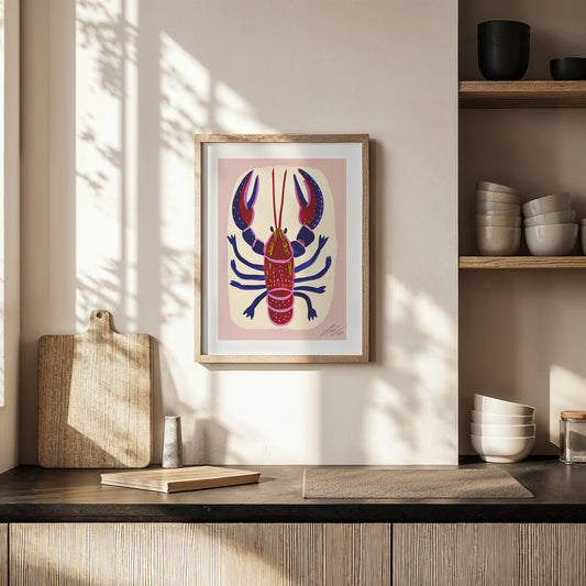 Les Écrevisses – Playful Modern Lobster Art Print in Red and Indigo