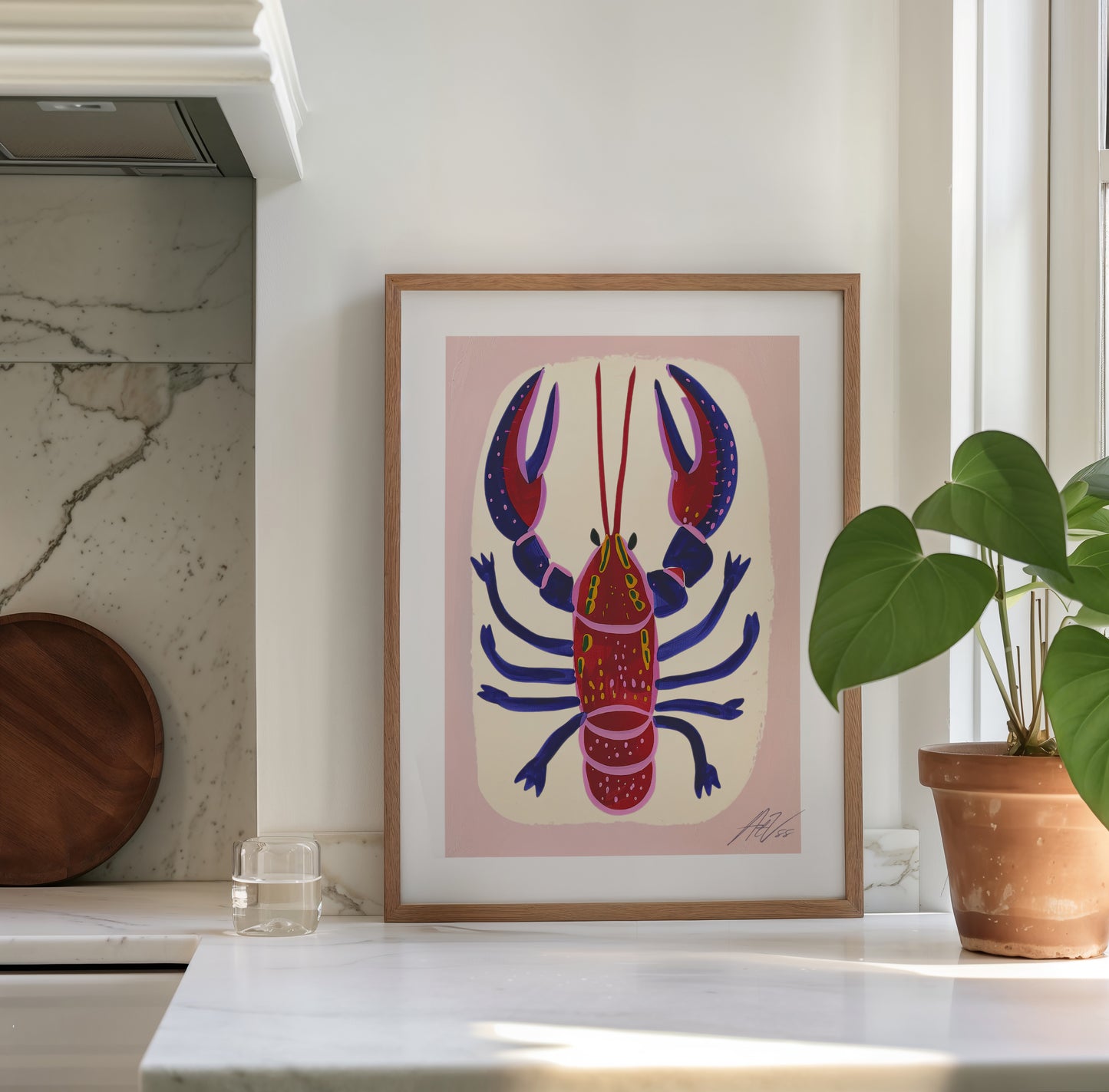 Les Écrevisses – Playful Modern Lobster Art Print in Red and Indigo