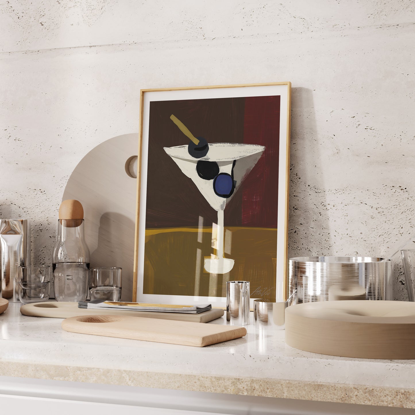 Martini Cocktail Art Print – Modern Bar Wall Art with Olive Garnish