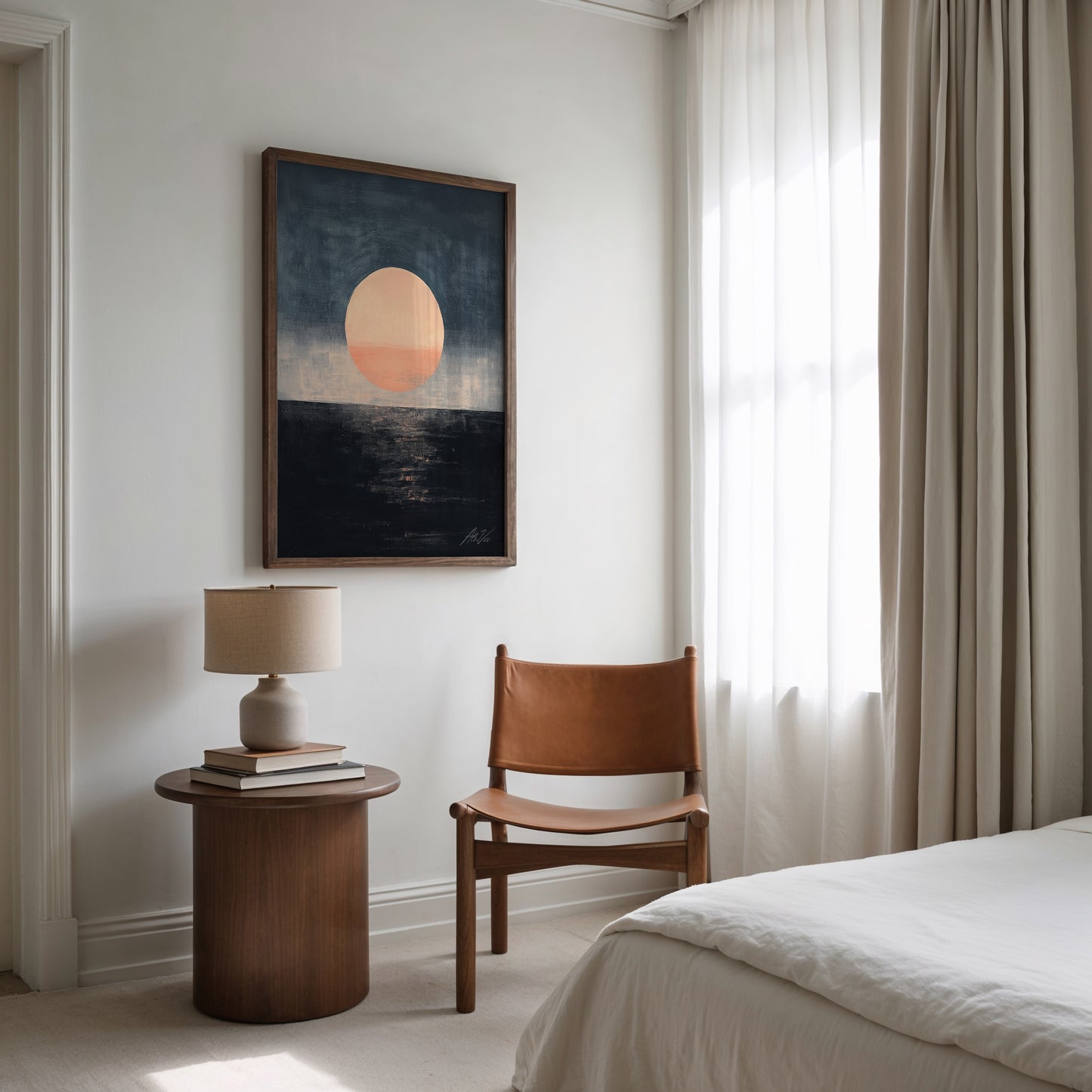 Midnight Sun II – Abstract Minimalist Sunset Painting in Peach and Indigo