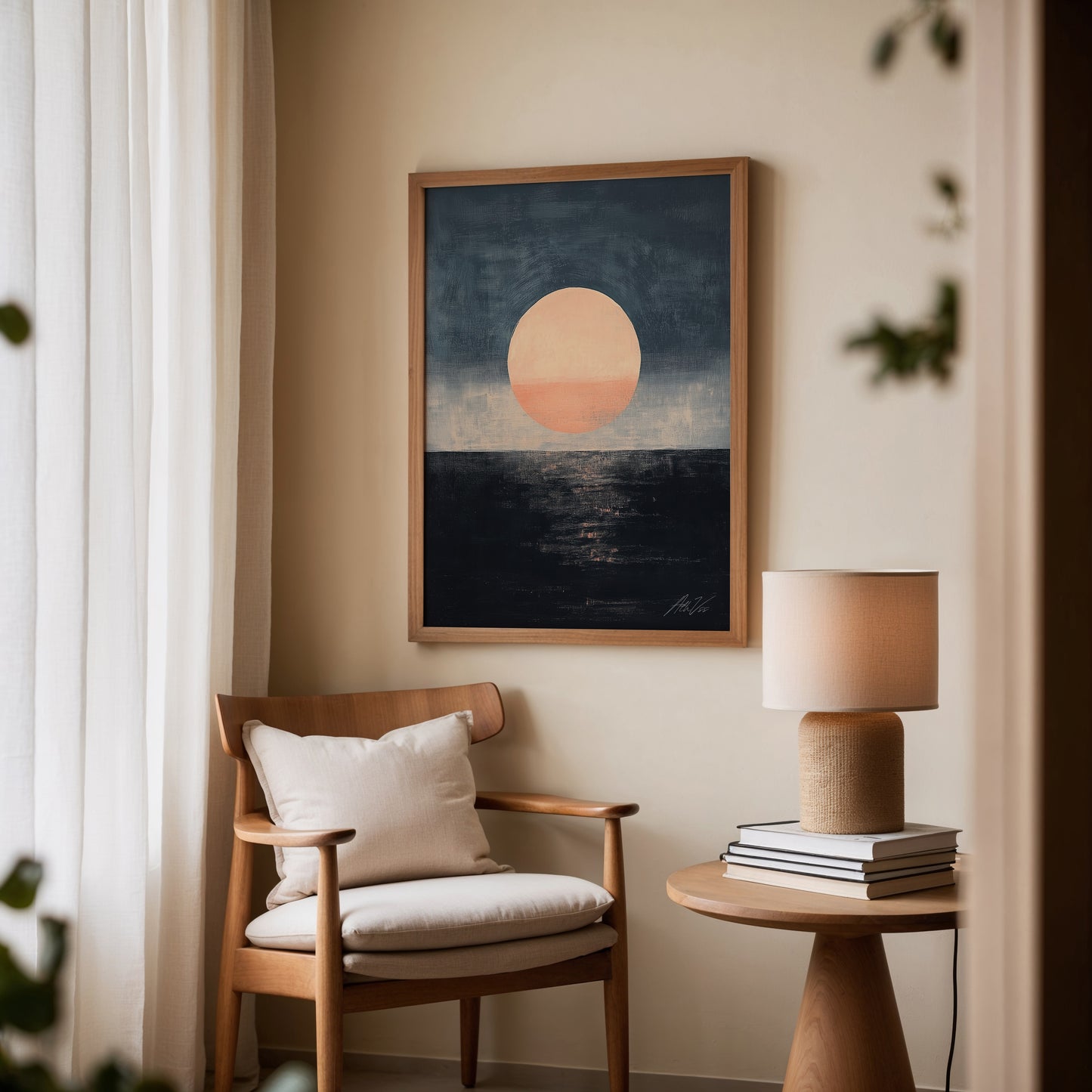 Midnight Sun II – Abstract Minimalist Sunset Painting in Peach and Indigo