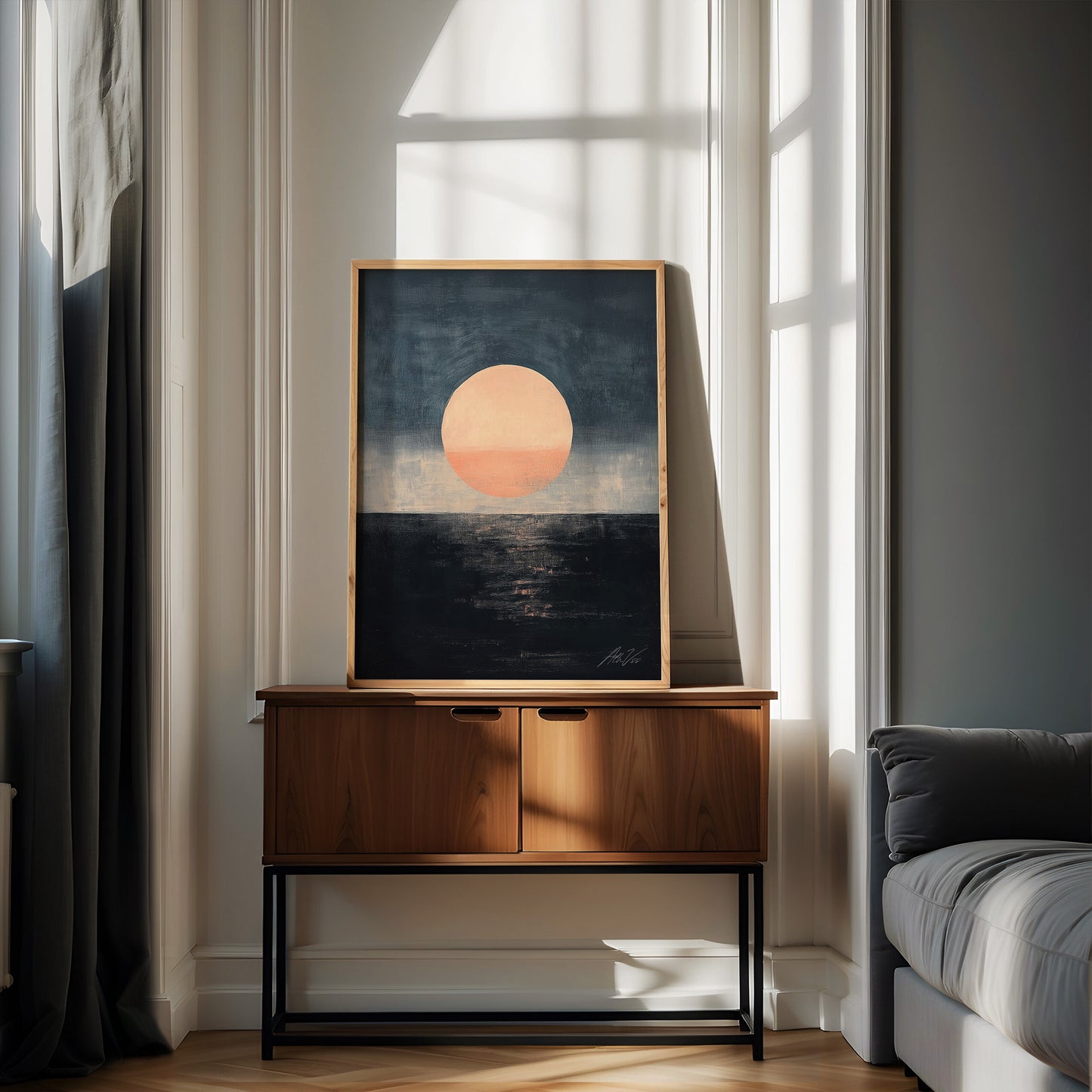 Midnight Sun II – Abstract Minimalist Sunset Painting in Peach and Indigo