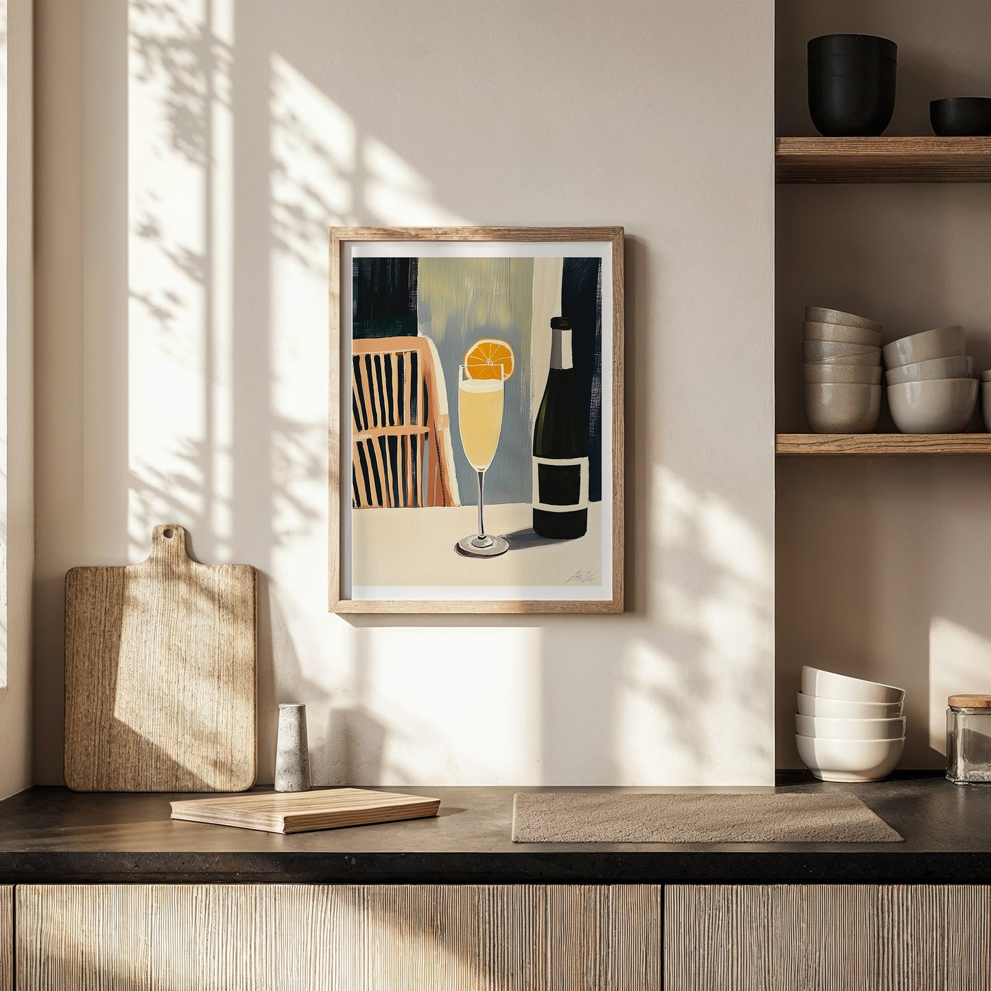 Mimosa Art Print – Modern Brunch Wall Art with Champagne Glass and Citrus Slice