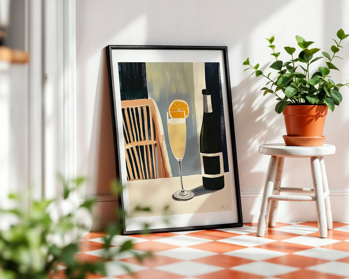 Mimosa Art Print – Modern Brunch Wall Art with Champagne Glass and Citrus Slice
