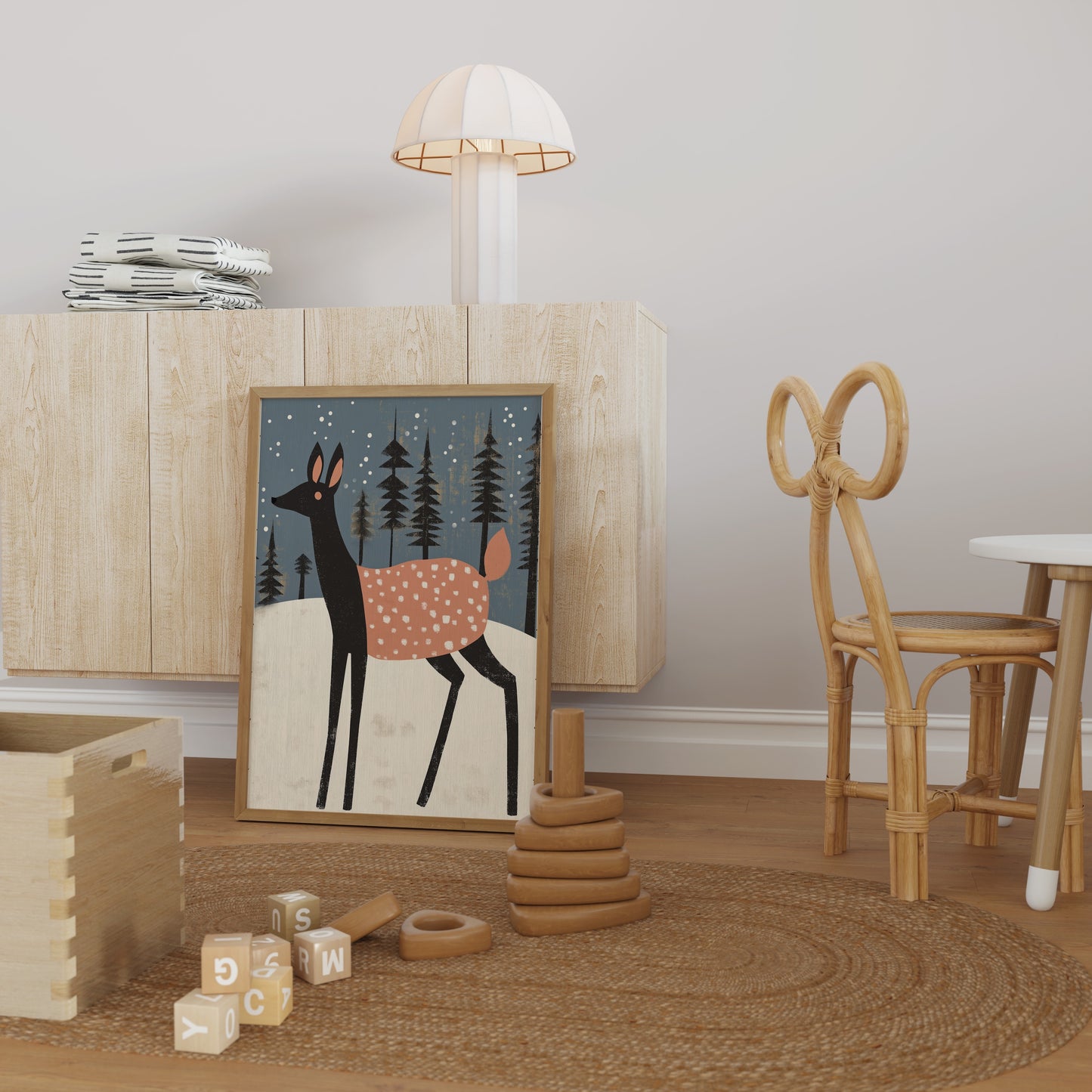 Winter Baby Deer in Forest – Scandinavian Nursery Wall Art for Kids