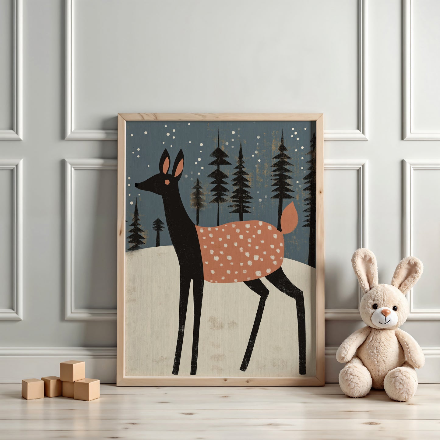Winter Baby Deer in Forest – Scandinavian Nursery Wall Art for Kids