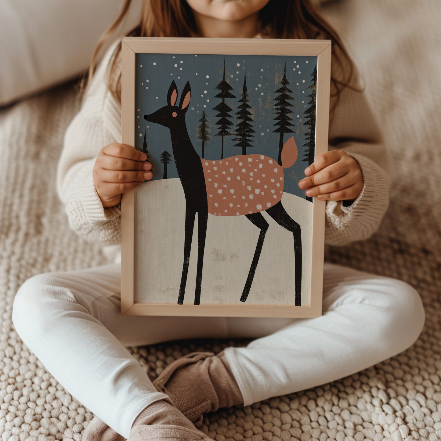 Winter Baby Deer in Forest – Scandinavian Nursery Wall Art for Kids