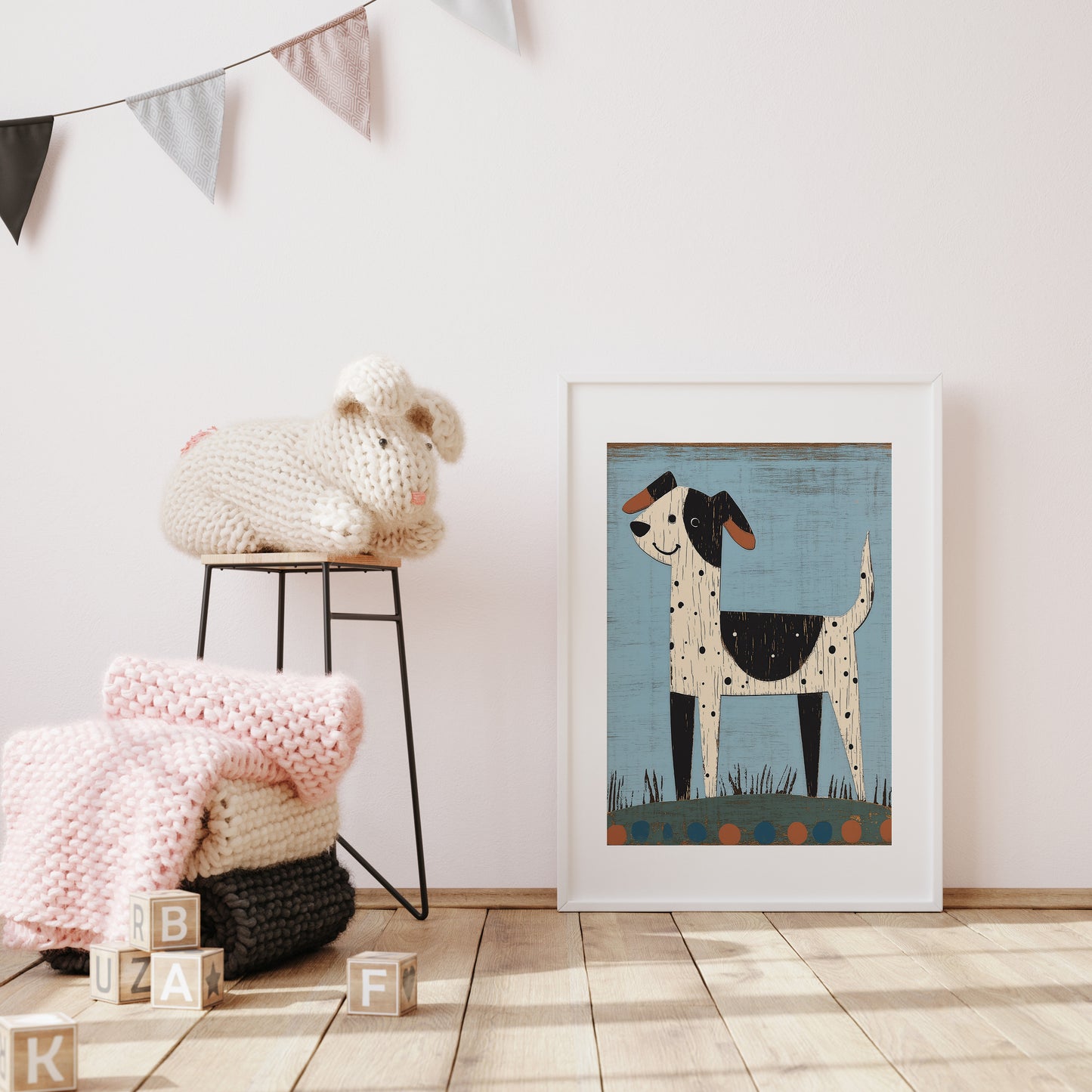 Spotted Dog in Grass – Scandinavian Style Nursery Wall Art for Kids