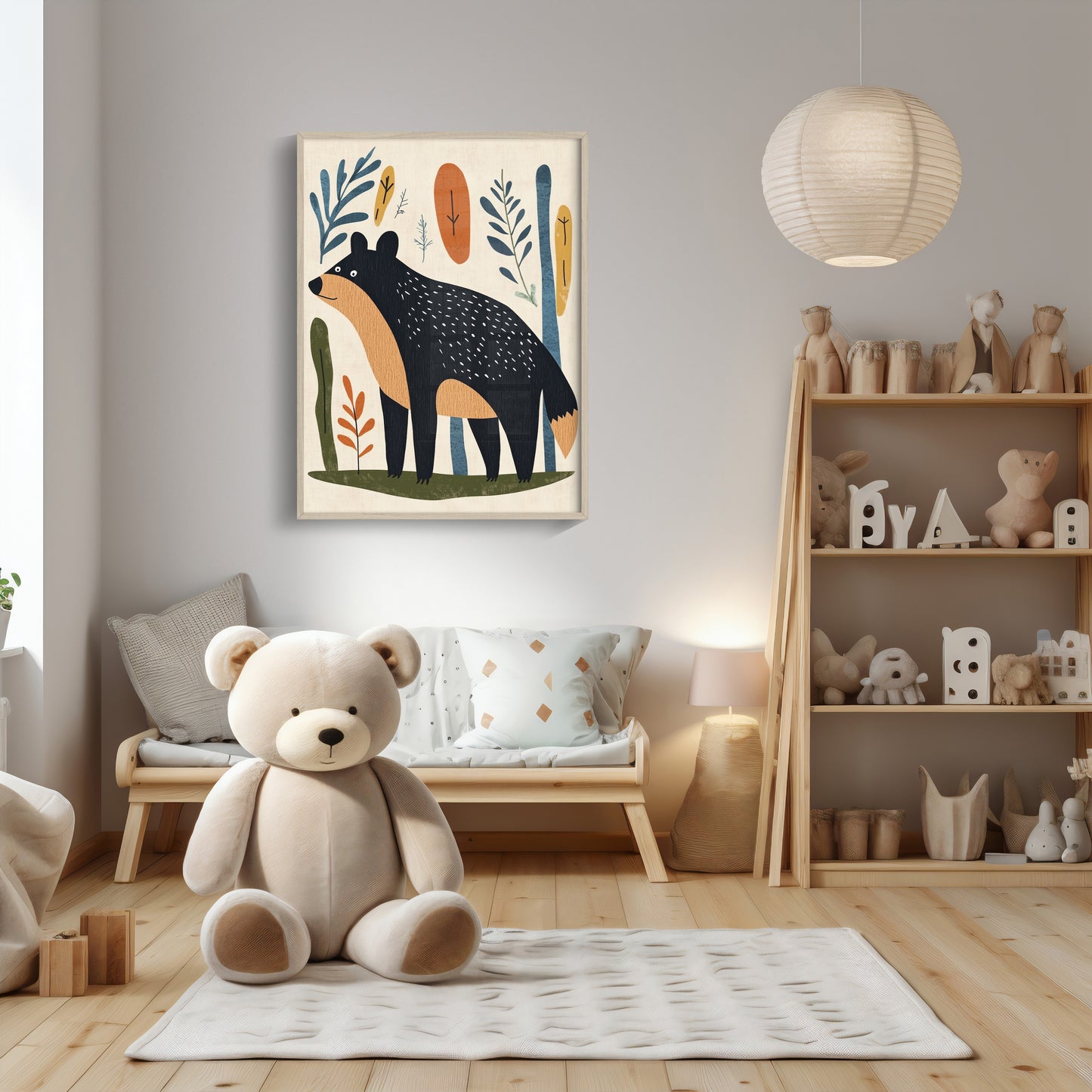 Scandinavian Bear Print – Whimsical Woodland Nursery Art for Kids Room