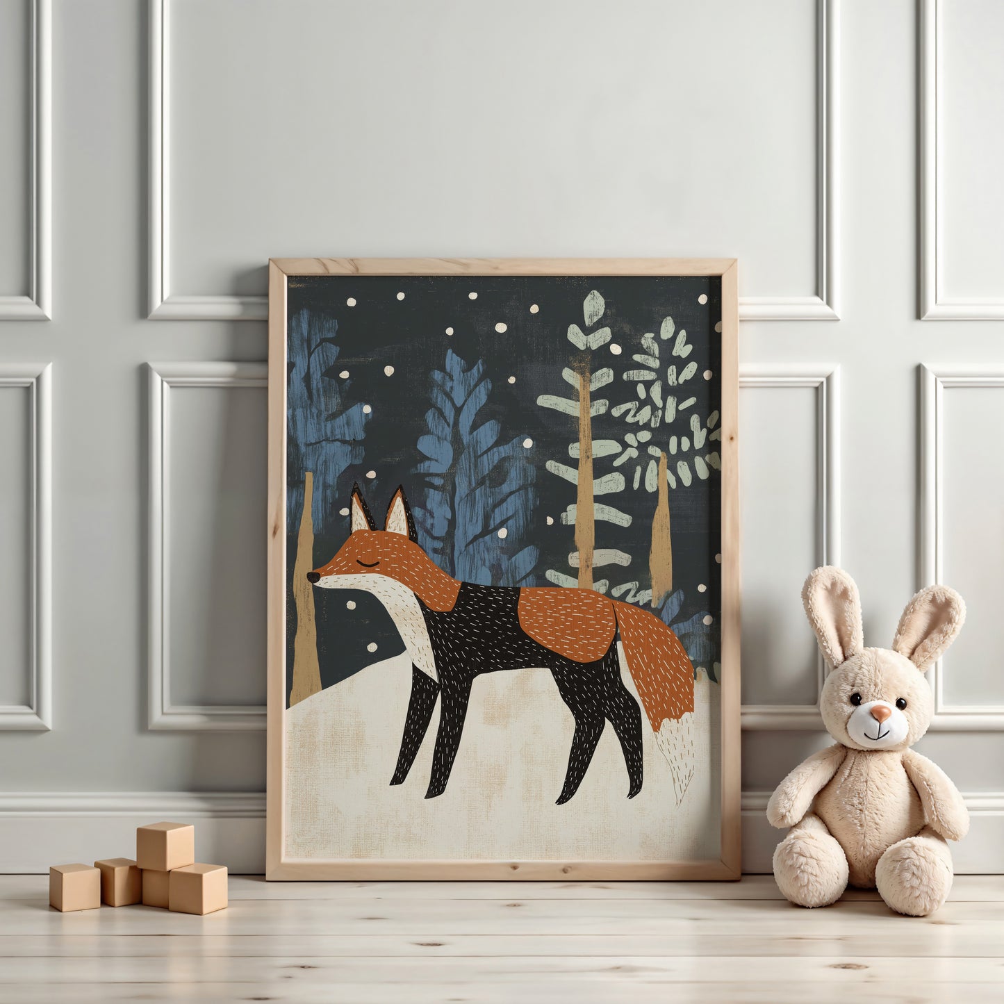 Winter Fox in Forest – Scandinavian Woodland Wall Art for Nursery