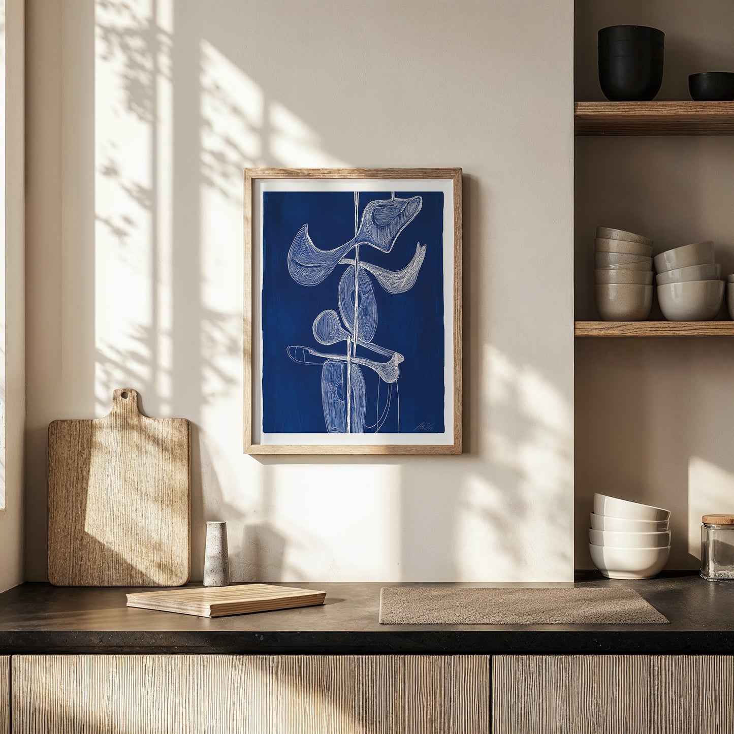 Norse Totem – Abstract Vertical Motif in Indigo and White