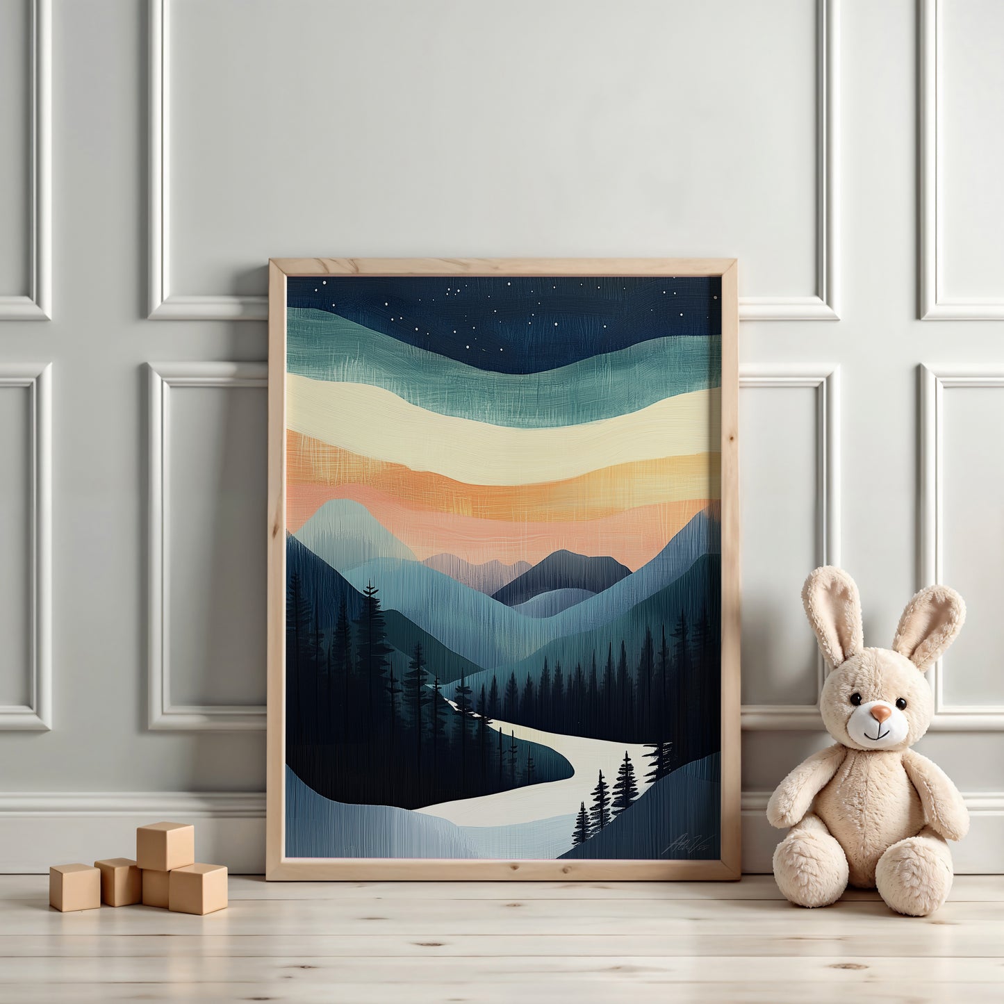 Northern Lights Over Forest – Magical Kids Landscape Wall Art for Nursery or Playroom