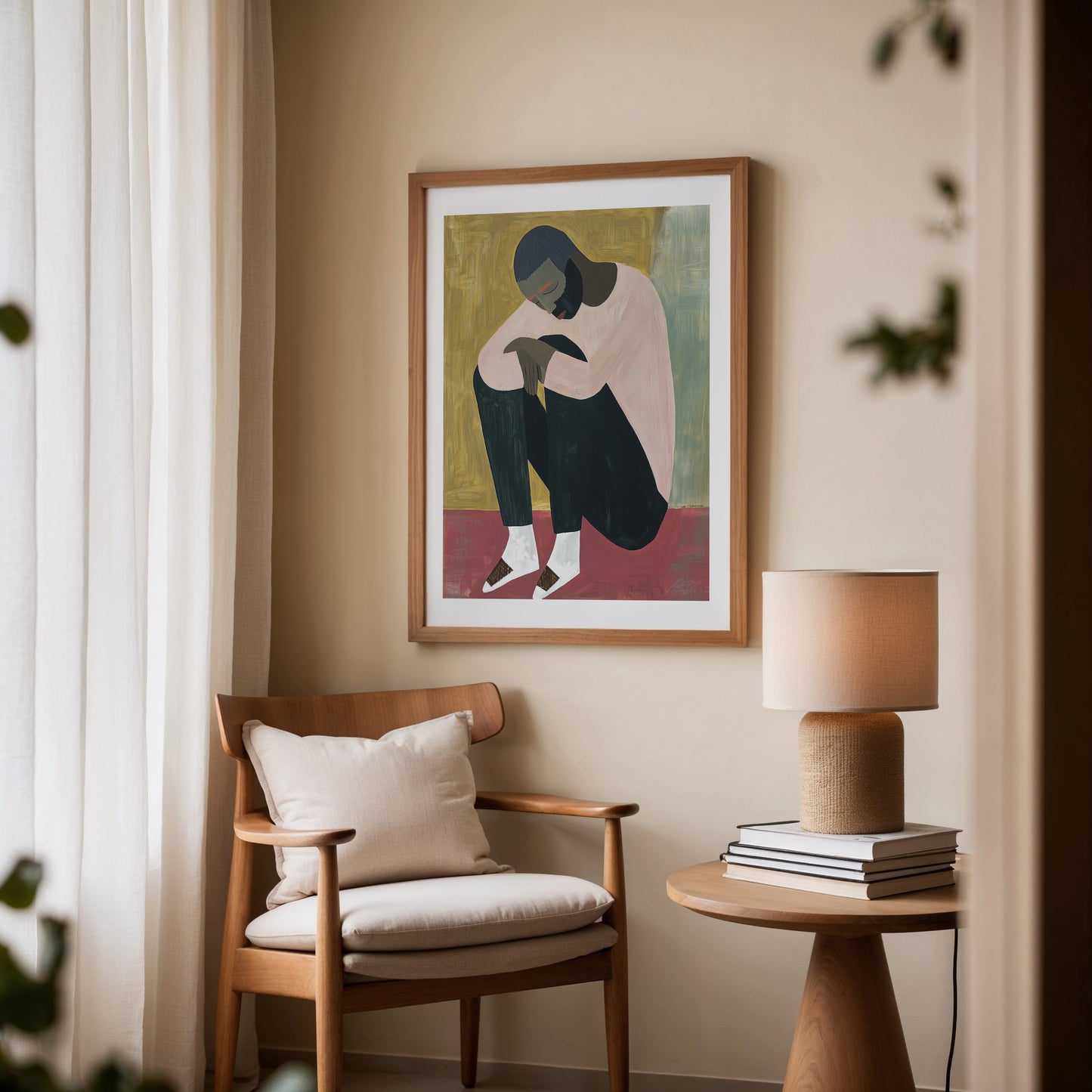 Quiet Weight – Modern Figurative Wall Art in Rose, Gold and Black