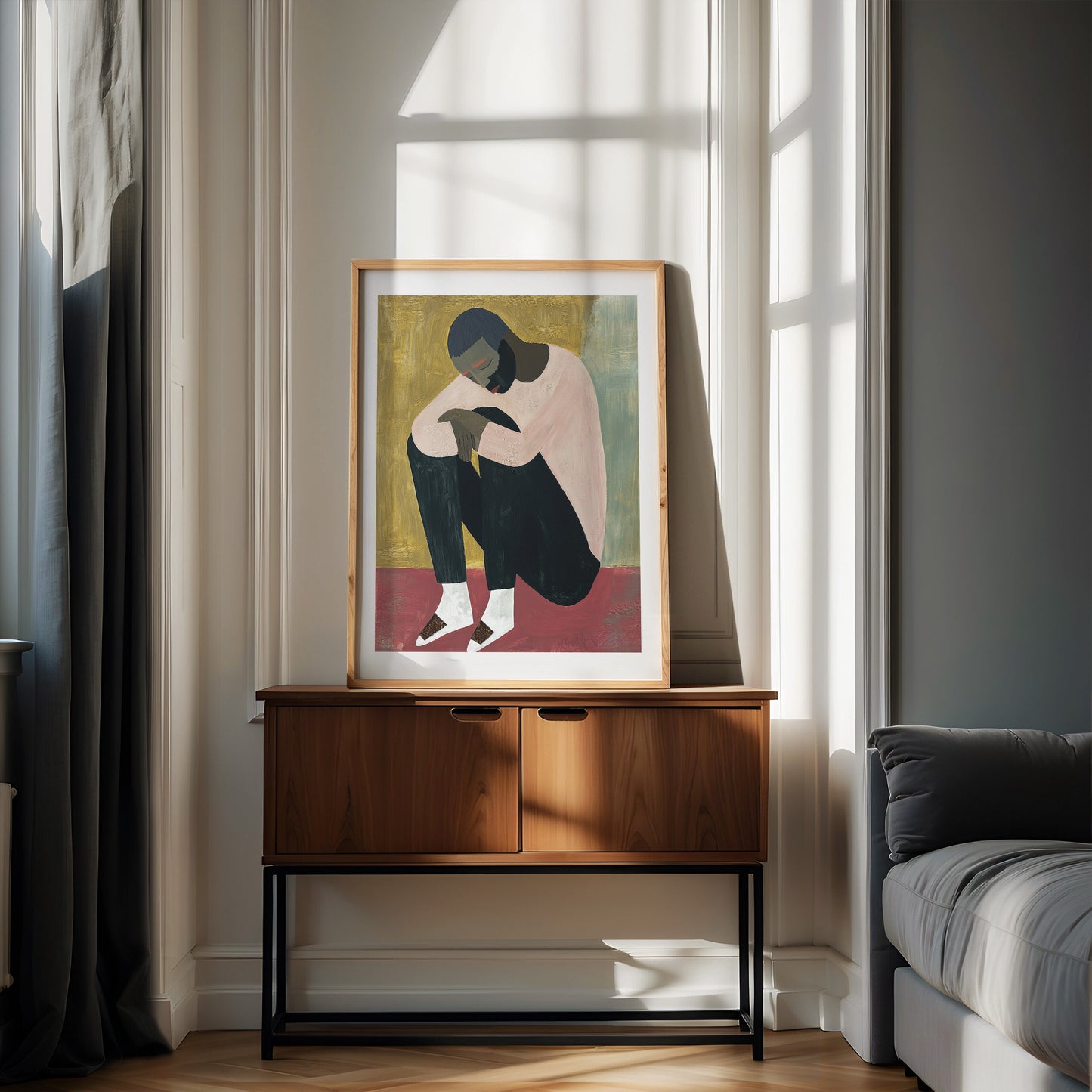 Quiet Weight – Modern Figurative Wall Art in Rose, Gold and Black
