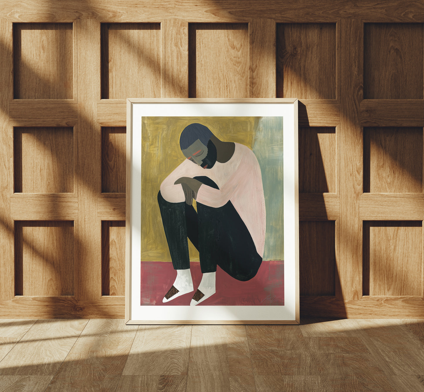 Quiet Weight – Modern Figurative Wall Art in Rose, Gold and Black