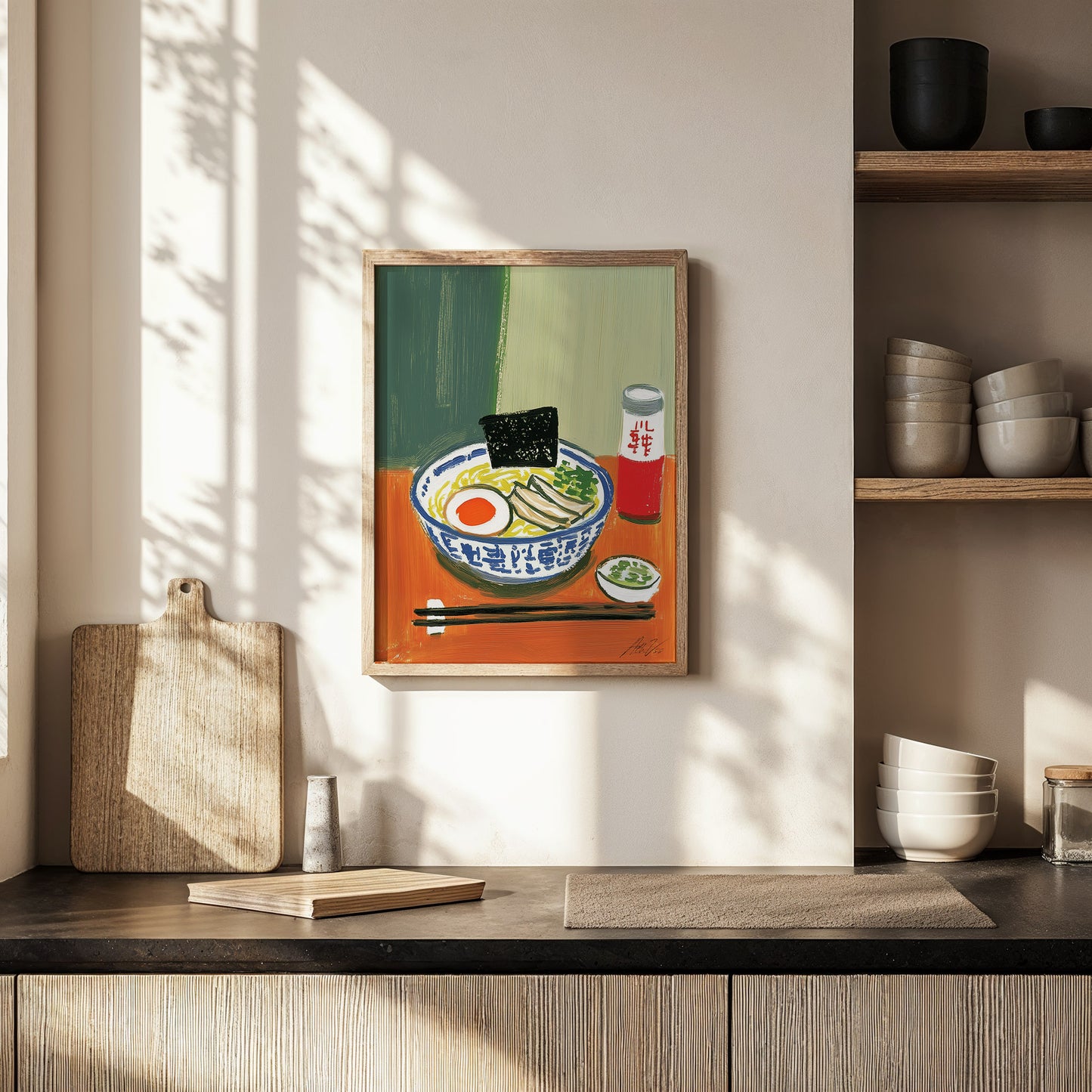 Ramen Noodle Art Print – Japanese Soup Bowl Illustration with Egg and Chopsticks