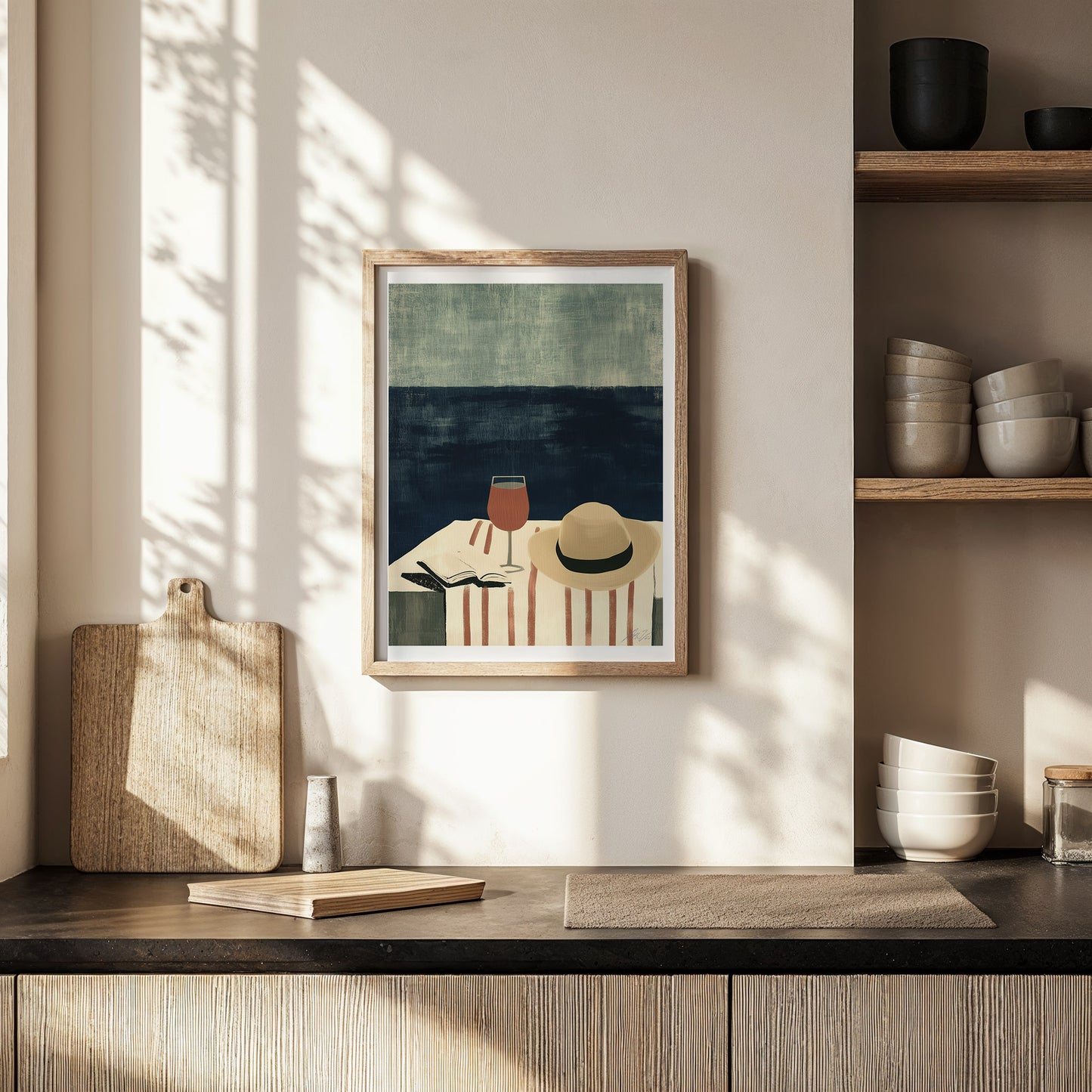 Coastal Minimalist Art Print – Wine at the Beach Modern Illustration
