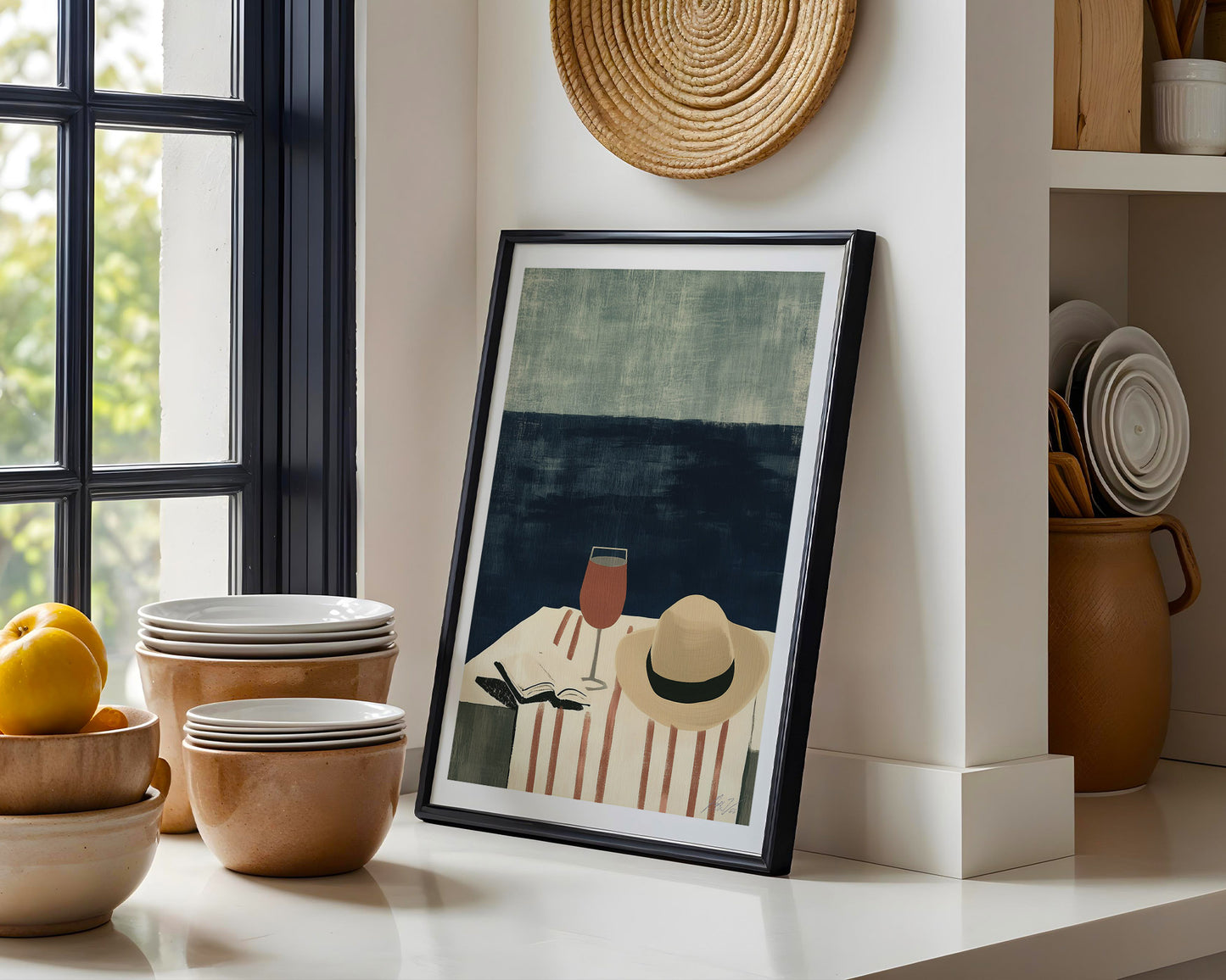 Coastal Minimalist Art Print – Wine at the Beach Modern Illustration