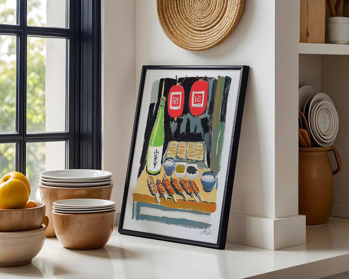 Japanese Street Food Yakitori Print – Izakaya Wall Art with Sake Bottle and Lanterns