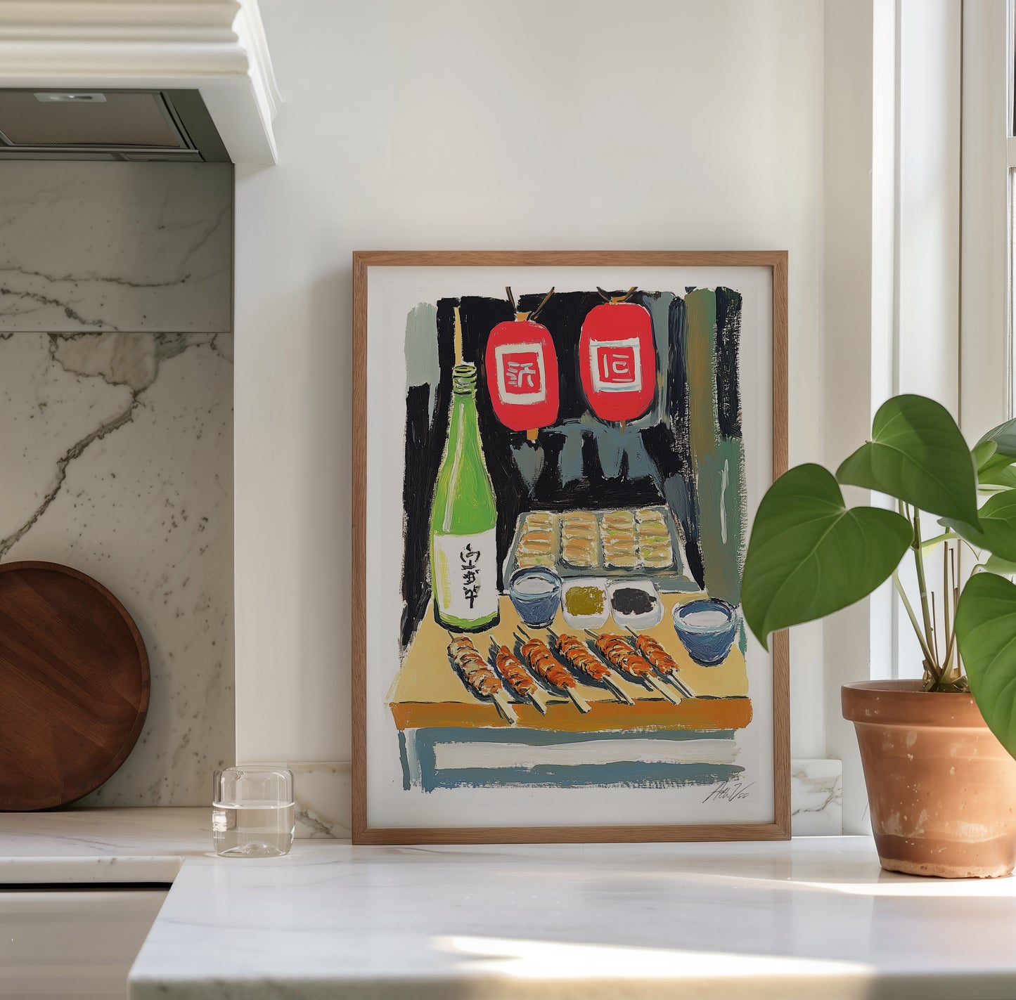 Japanese Street Food Yakitori Print – Izakaya Wall Art with Sake Bottle and Lanterns