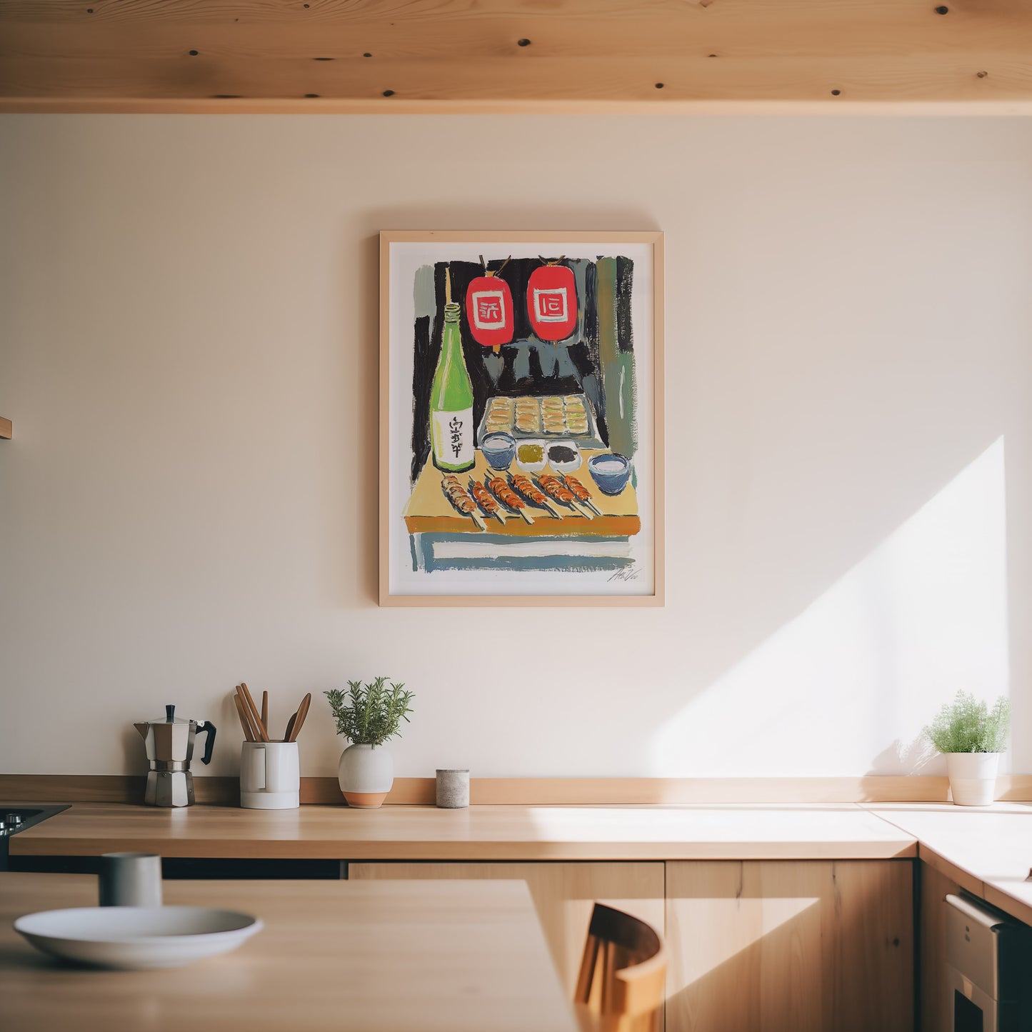 Japanese Street Food Yakitori Print – Izakaya Wall Art with Sake Bottle and Lanterns
