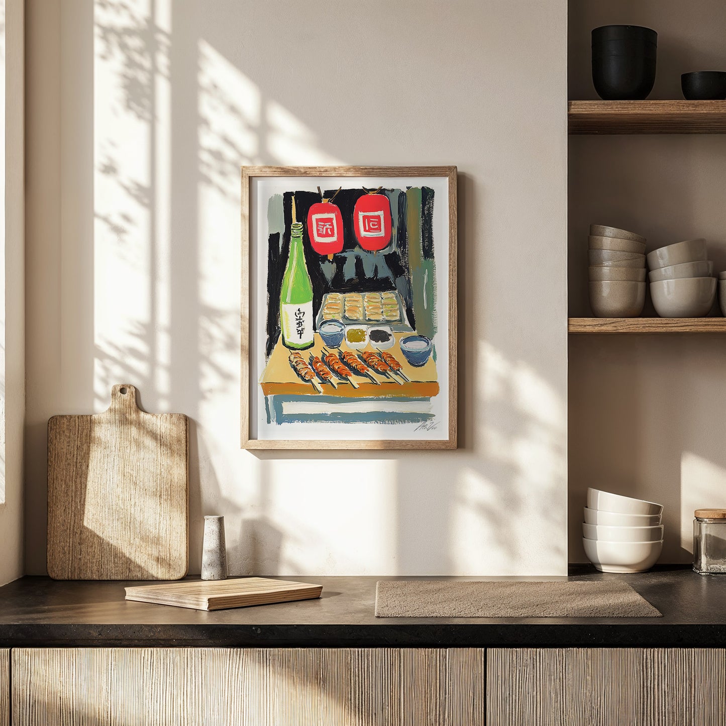 Japanese Street Food Yakitori Print – Izakaya Wall Art with Sake Bottle and Lanterns