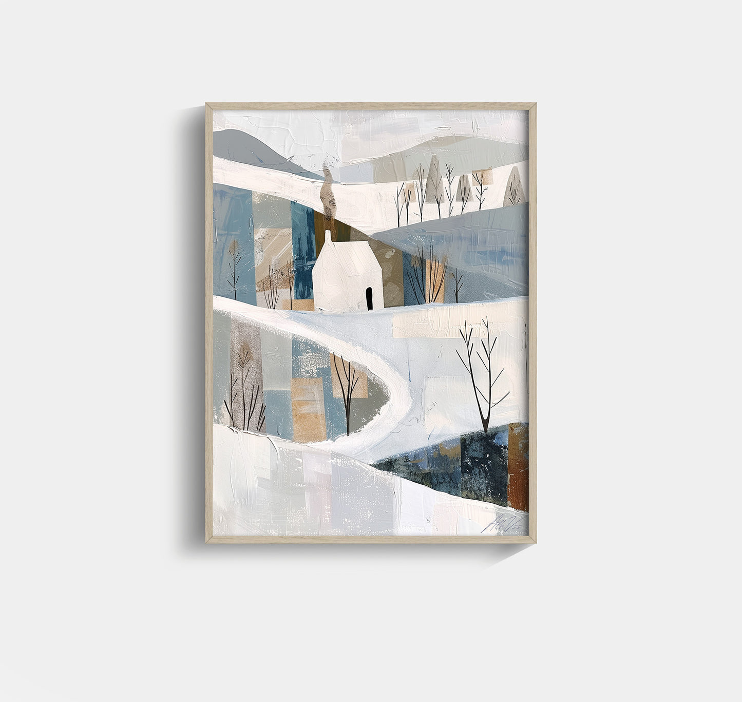 Scandinavian Winter Hillside – Minimal Cottage Wall Art for Kids