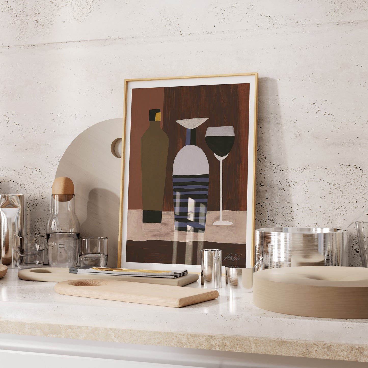 Mid-Century Wine Art Print – Modernist Still Life with Decanter, Bottle & Glass