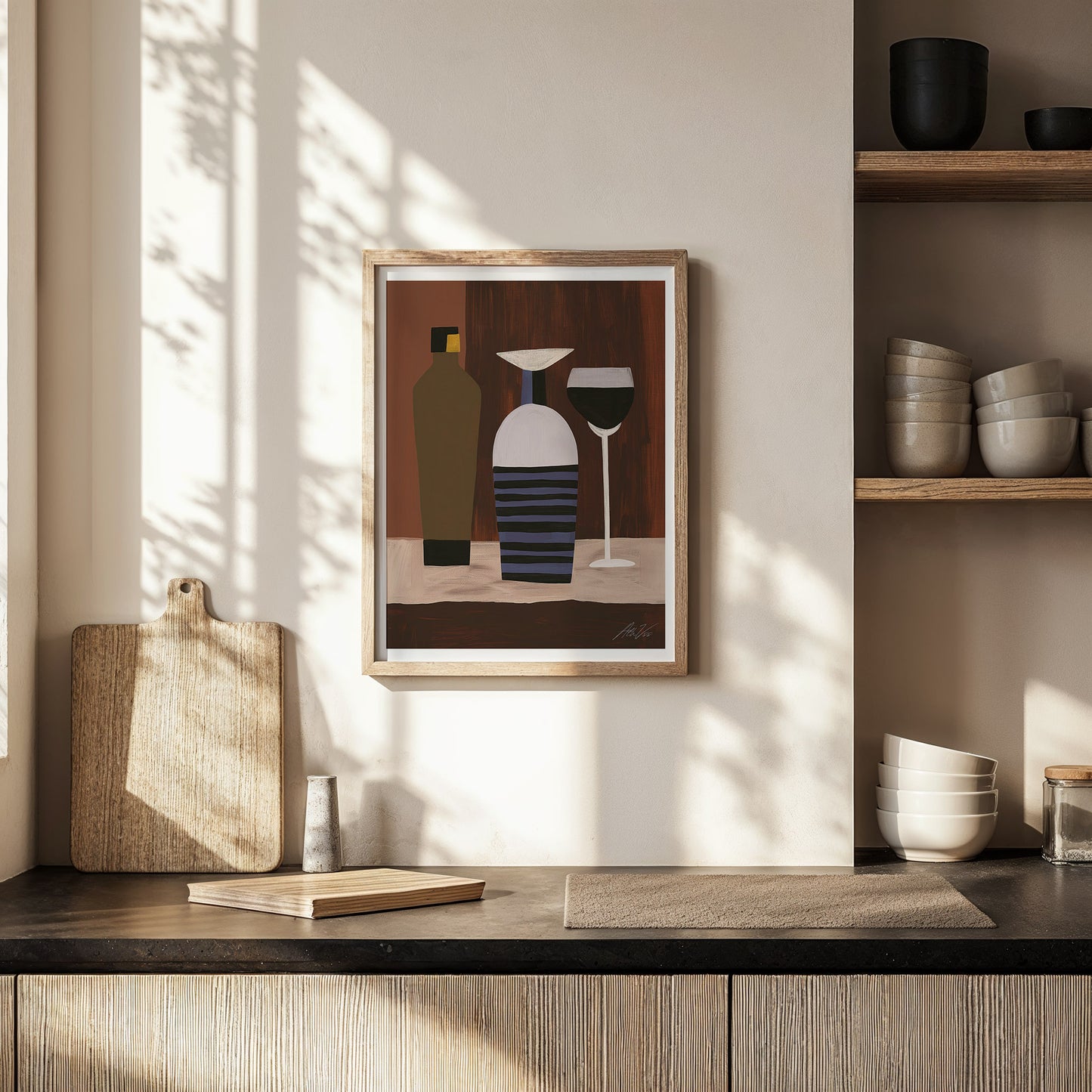 Mid-Century Wine Art Print – Modernist Still Life with Decanter, Bottle & Glass