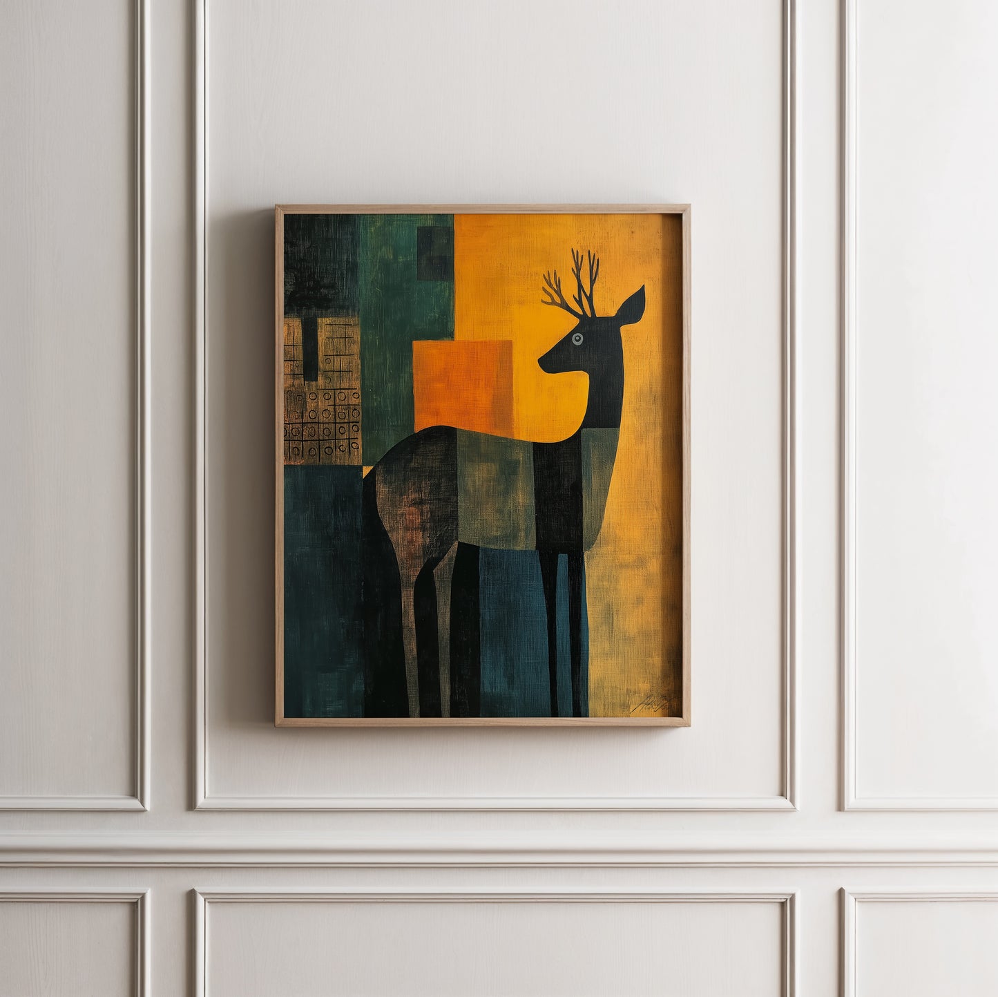 Sun-Stilled Stag – Nordic Deer Silhouette in Amber and Forest Teal