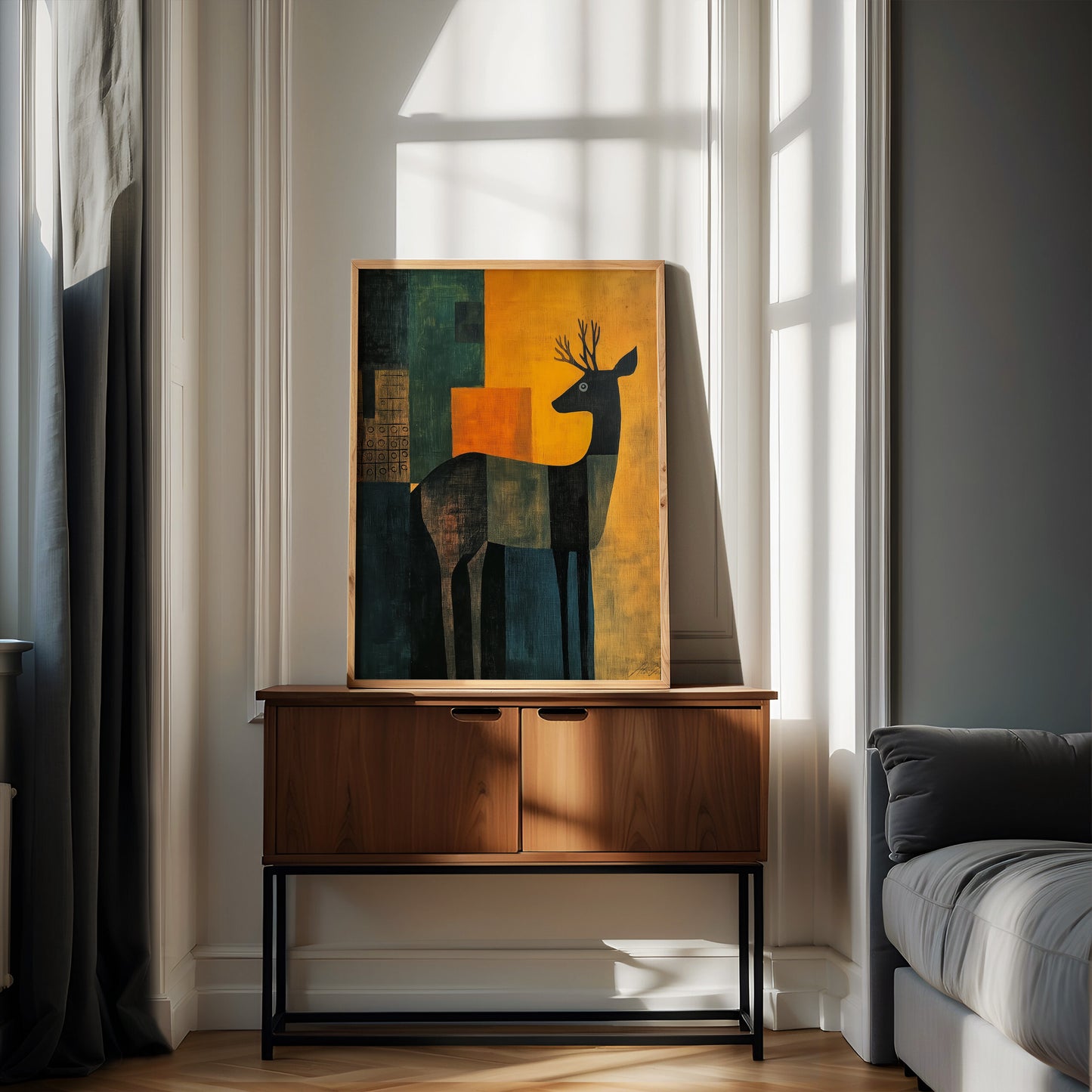 Sun-Stilled Stag – Nordic Deer Silhouette in Amber and Forest Teal