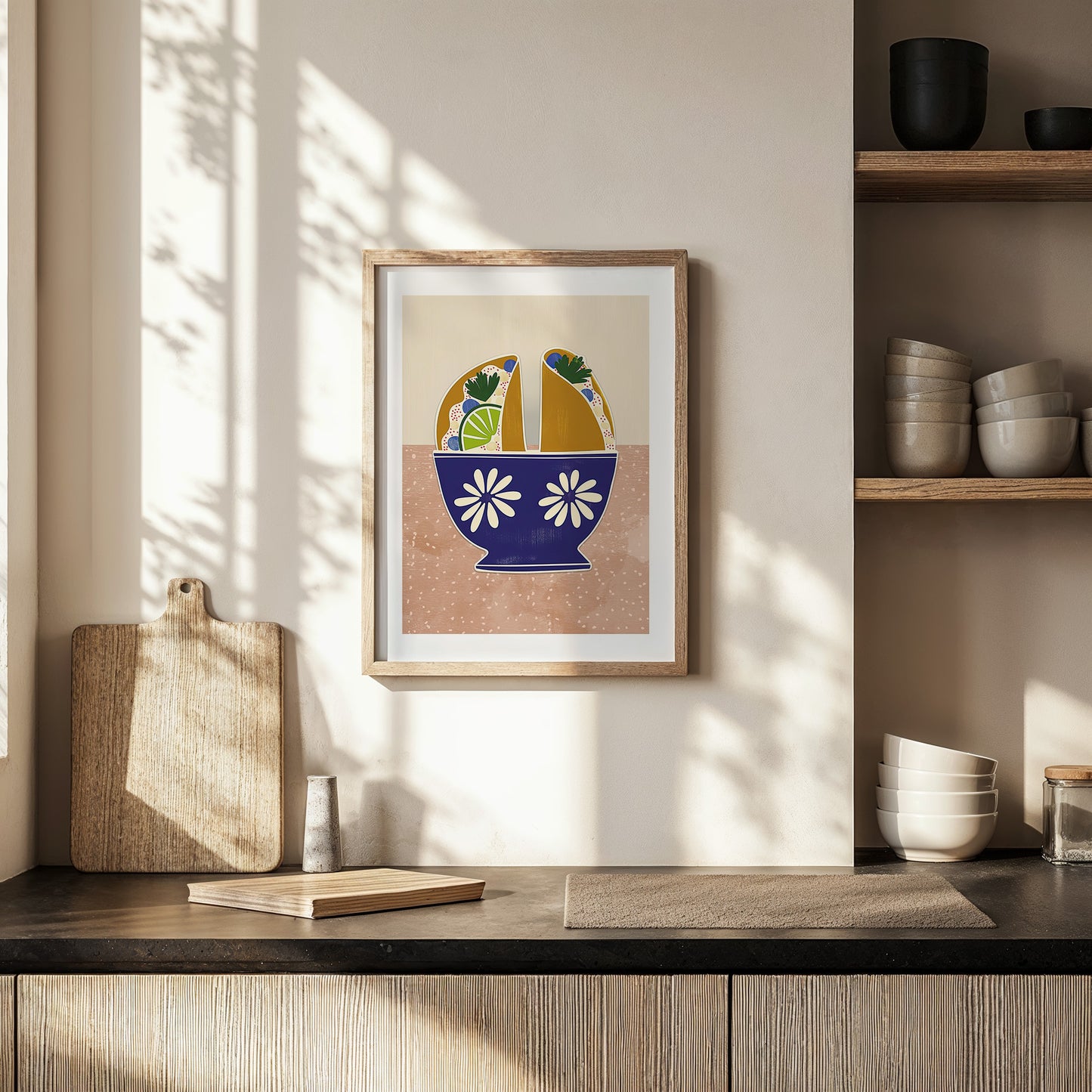 Tacos in Talavera – Whimsical Taco Wall Art with Mexican Pottery Bowl
